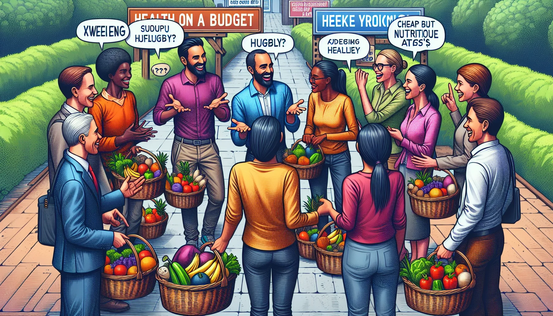 Create a detailed and realistic humorous scene of a Weekly Health Discussion. Show a vibrant group of people from different descents such as Caucasian, Hispanic, Black, Middle-Eastern, and South Asian engaging in a lively talk. Make sure each individual is carrying a basket full of fresh fruits and vegetables, laughing and discussing. Emphasize the different colors and textures of the affordable healthy food to make it more appealing. Have signage in the background articulating 'Health on a Budget' and 'Cheap but Nutritious Eats'. Highlight the camaraderie, jovial atmosphere, and enthusiasm around eating healthy for less money.