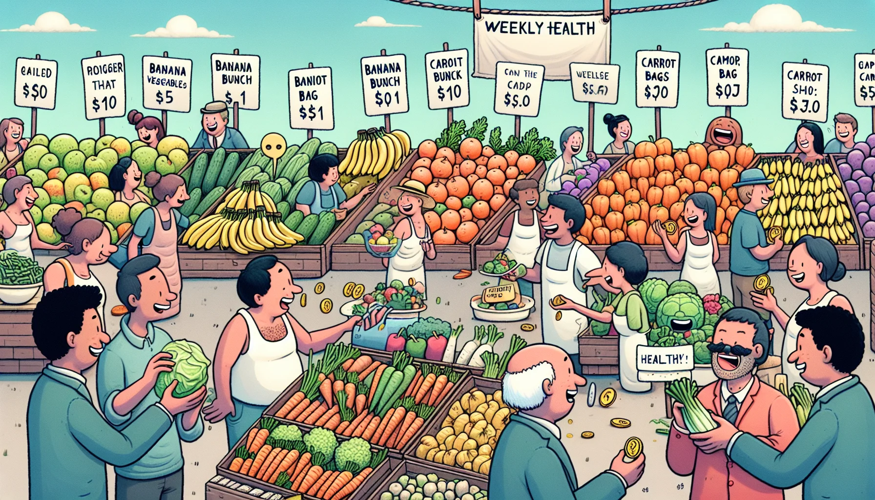 Illustrate a humorous scenario under the theme of 'Weekly Health Insight'. In this picture, display a big fruit and vegetable market, busily active with people of different genders and descents buying fresh produce. Show a few creative price tags with ridiculously low prices like 'Banana Bunch - $1', 'Carrot Bag - $0.75', sparking amusement. Perhaps include a couple exchanging a healthy, homemade salad for a few coins, laughing together and clearly enjoying the swap. The funny and lively atmosphere of the scene should make it appealing and enticing, promoting the message of eating healthy for less money.