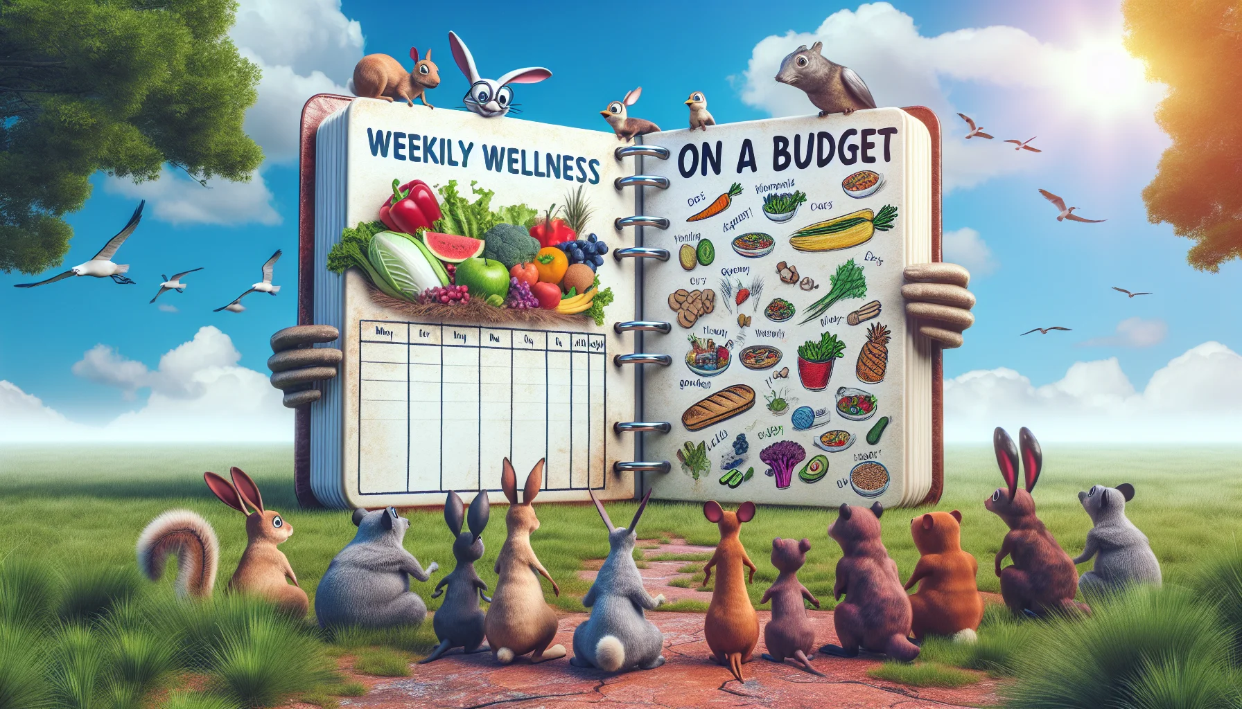 Create a humorous and realistic scene representing a 'Weekly Wellness Recap.' In the center, feature an oversized animated ledger book with pages titled 'Healthy Eating on a Budget.' On these pages, show various colorful sketched images related to affordable healthy food options like fresh fruits, vegetables, grains, and other low-cost but nutrient-rich items. In the scene, include a group of animals such as a rabbit, squirrel, and bird interestedly looking at the book, depicting humor and the idea that even they are keen on eating healthy. Sky is clear and sunny, reflecting a positive vibe. Let's inspire people to eat healthy without breaking the bank in a fun way.