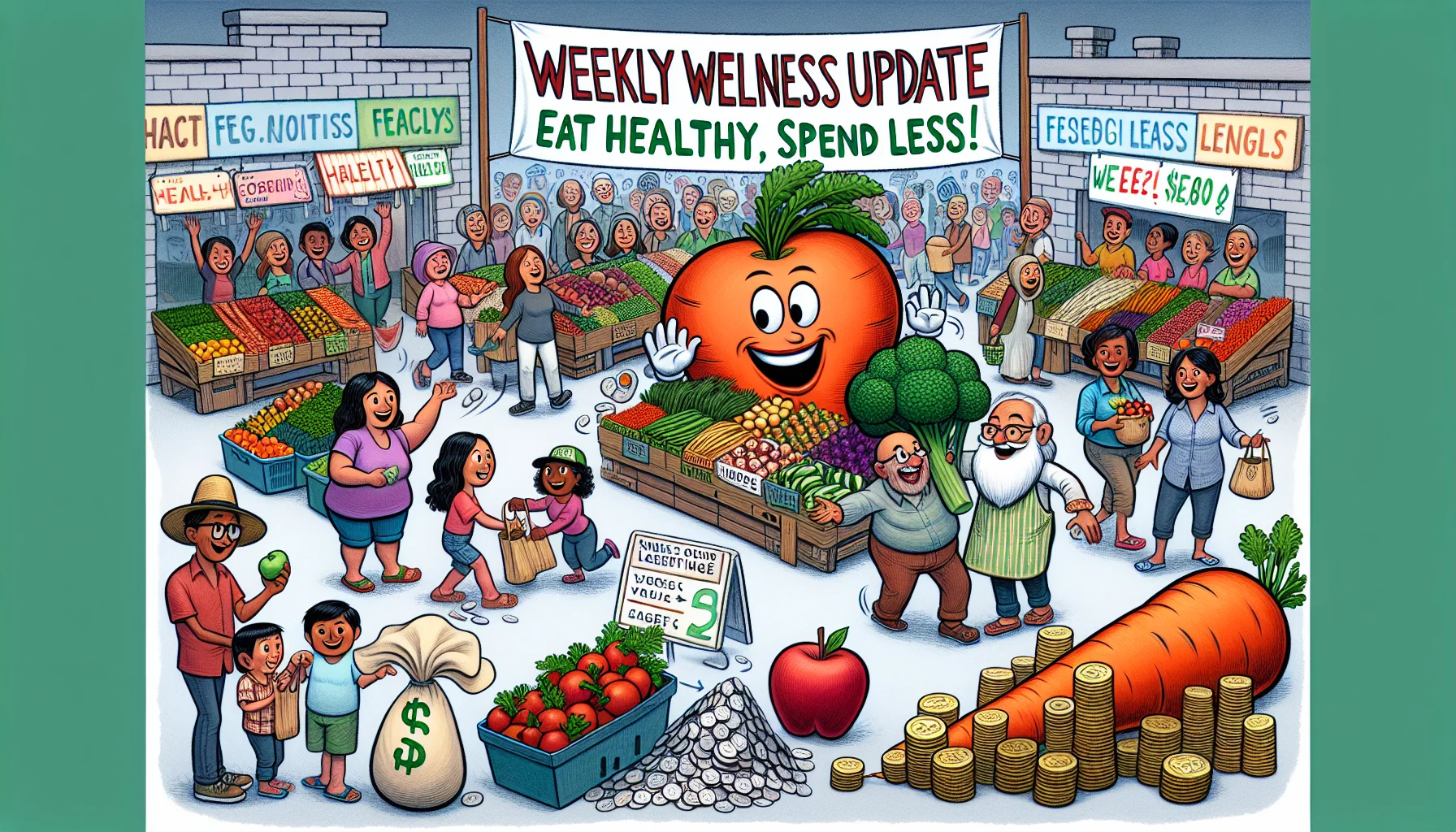 Imagine a whimsical and humorous scene for a 'Weekly Wellness Update'. Picture a lively farmers market bustling with people of various genders and descents, such as Hispanic, Caucasian, Middle-Eastern and South Asian. Everyone is enthusiastically buying affordable, fresh, and colorful fruits and vegetables. A large sign proclaims 'Eating Healthy for Less!'. A carrot and apple are depicted with friendly, animated faces, enticing people to healthy eating. Piles of coins are humorously juxtaposed with enormous fruits and vegetables indicating affordability. A light-hearted textual overlay says, 'Weekly Wellness Update: Eat Healthy, Spend Less!'.