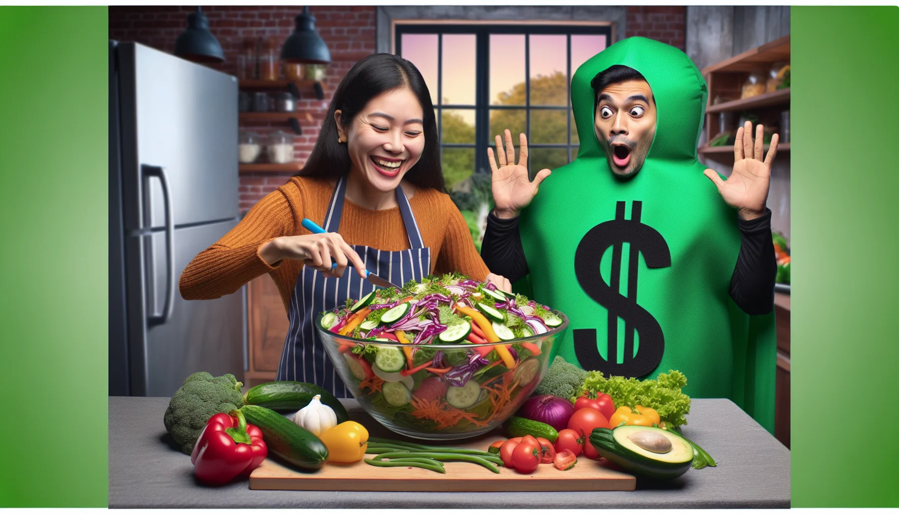 Craft a humorous yet realistic image capturing a Wellness Wednesday Inspiration scenario, revolving around the concept of eating healthy on a budget. Display a South Asian woman with a big grin on her face preparing a huge, delectable salad with colorful vegetables. To add a comedic element, illustrate a Hispanic man wearing a green dollar sign costume standing next to her, shocked at the massive amount of fresh ingredients used for such a small cost. The atmosphere should be light-hearted, inviting, and inspiring, prompting viewers to consider budget-friendly, healthy dietary choices.