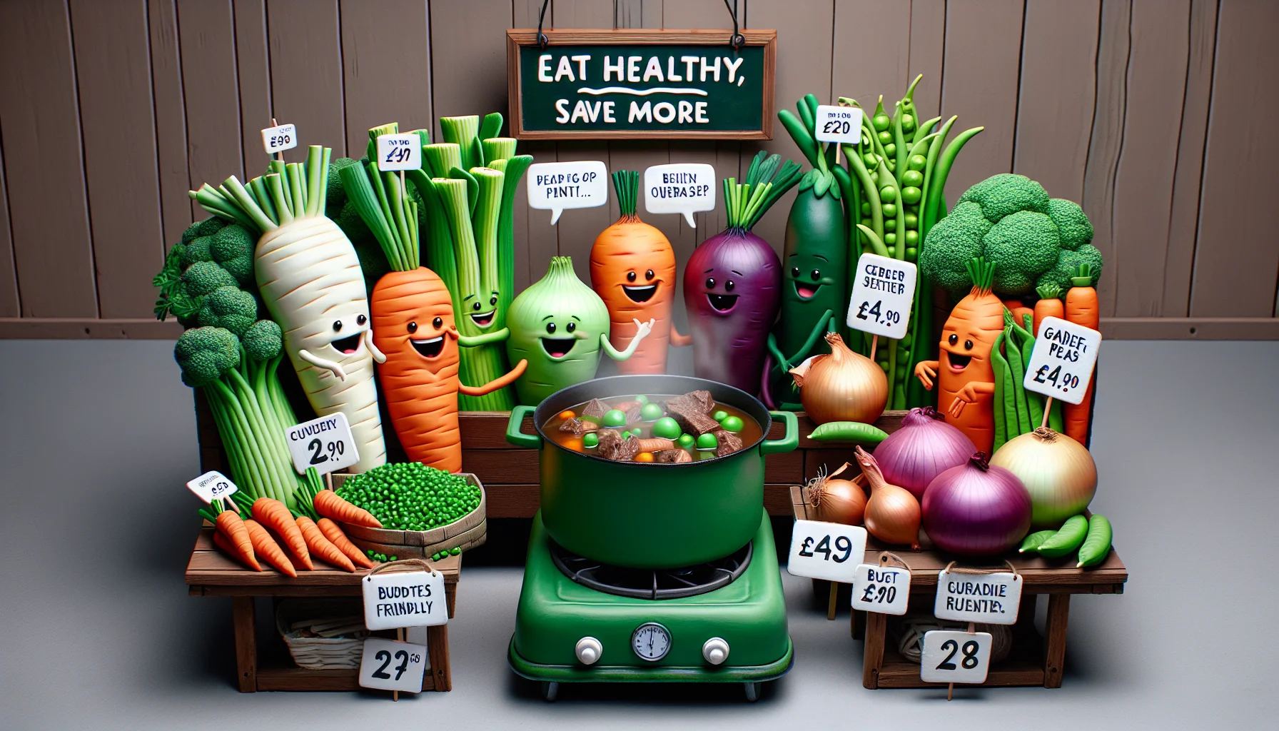Imagine a humorous scenario set in a farmer's market. A vibrant display of fresh, colorful vegetables like carrots, celery, onions, and garden peas is arranged with small price tags that read 'budget-friendly'. These vegetables are chatting excitedly about a delicious and nutritious pot of beef stew bubbling nearby on a green vintage stove. Their friendly cartoon-like facial expressions make them seem inviting. A sign hangs over them with the appealing slogan, 'Eat healthy, save more'. This picture blends fantasy with reality aim at enticing people to eat healthily for less money.