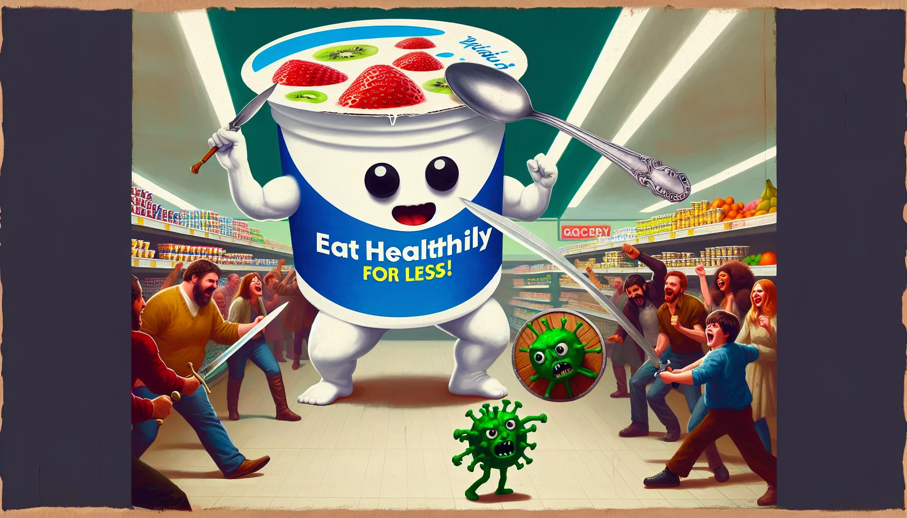 Picture a comical scenario. A gargantuan yogurt pudding in the center of the image, seemingly battling a menacing flu virus, symbolized as a tiny green creature with a frightened expression. The pudding is equipping a spoon sword and a shield made of healthy fruit. There is an overlaid text saying 'Eat Healthily For Less!' The background is a grocery store scene with people of various descents and genders, all laughing and cheering for the yogurt pudding. Everything seems exaggerated to highlight the humor and playfulness, yet the artwork retains a sense of realism in its details.