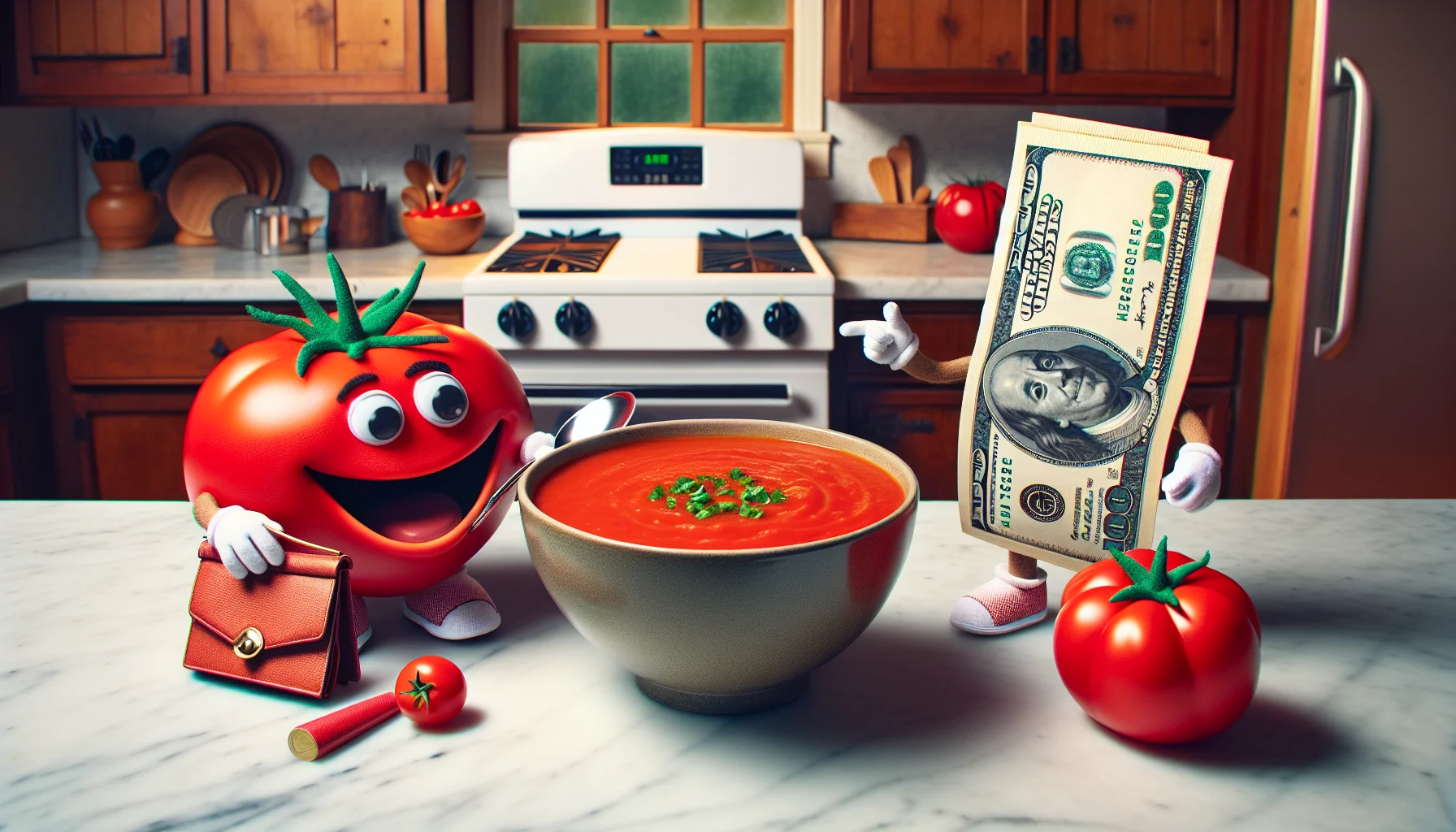 An amusing scene for a realistic image to inspire economic healthy eating: Picture this - a vibrant red bowl of 4bs tomato soup situated in the kitchen of an animated modest house. The amusing part comes from the cleverly designed anthropomorphic pocketbook and money which are laughing and pointing in delight at the soup, clearly in awe of how tasty and economically friendly the meal is. The kitchen is decorated in a rustic style with wooden cupboards and a marble countertop, while a glossy red tomato sits on the counter as a hint to the soup's chief ingredient.