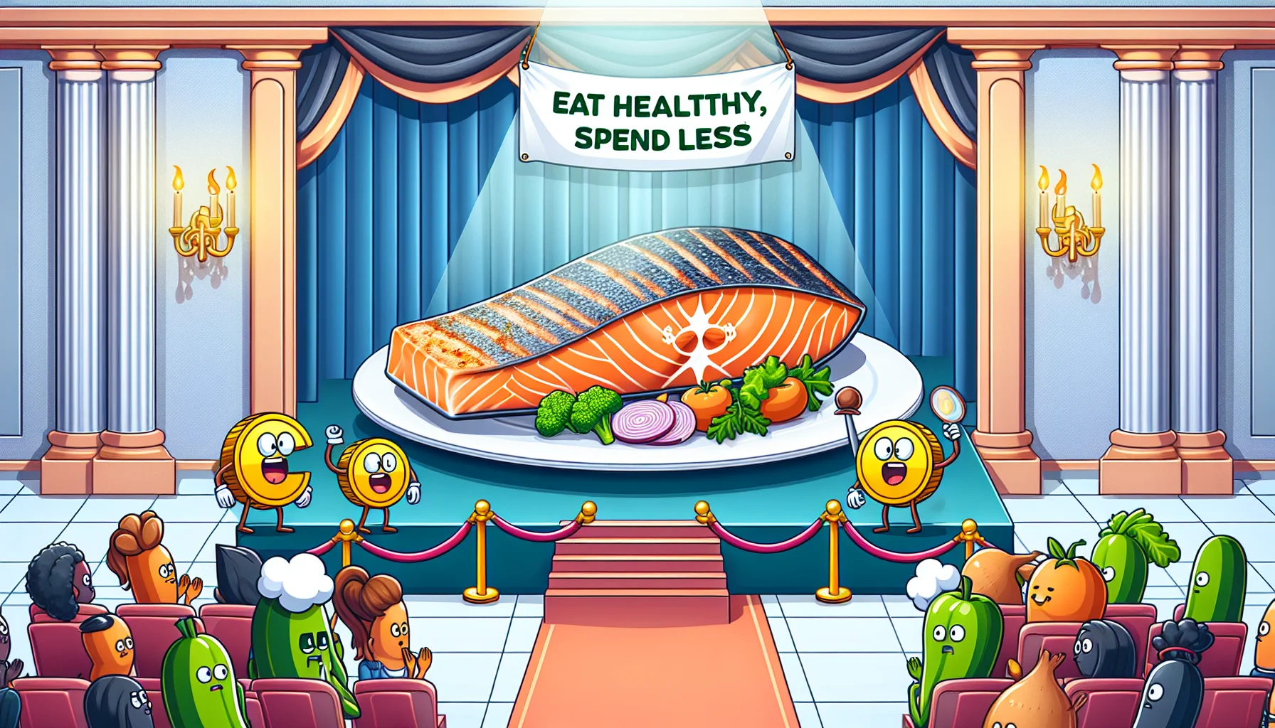 Create an image of an amusing situation where a perfectly roasted piece of salmon, cooked at 400 degrees, is being showcased on a grand stage. The stage is set in a posh dining room and there's a banner in the background that reads 'Eat Healthy, Spend Less'. There are cartoon-like dollar signs hesitating near the salmon but being lured in by the scent, essentially personifying budget-conscious folks. Alongside there could be fruits and veggies, all cheering on the salmon, contributing to the light-hearted atmosphere encouraging healthy eating within budget.