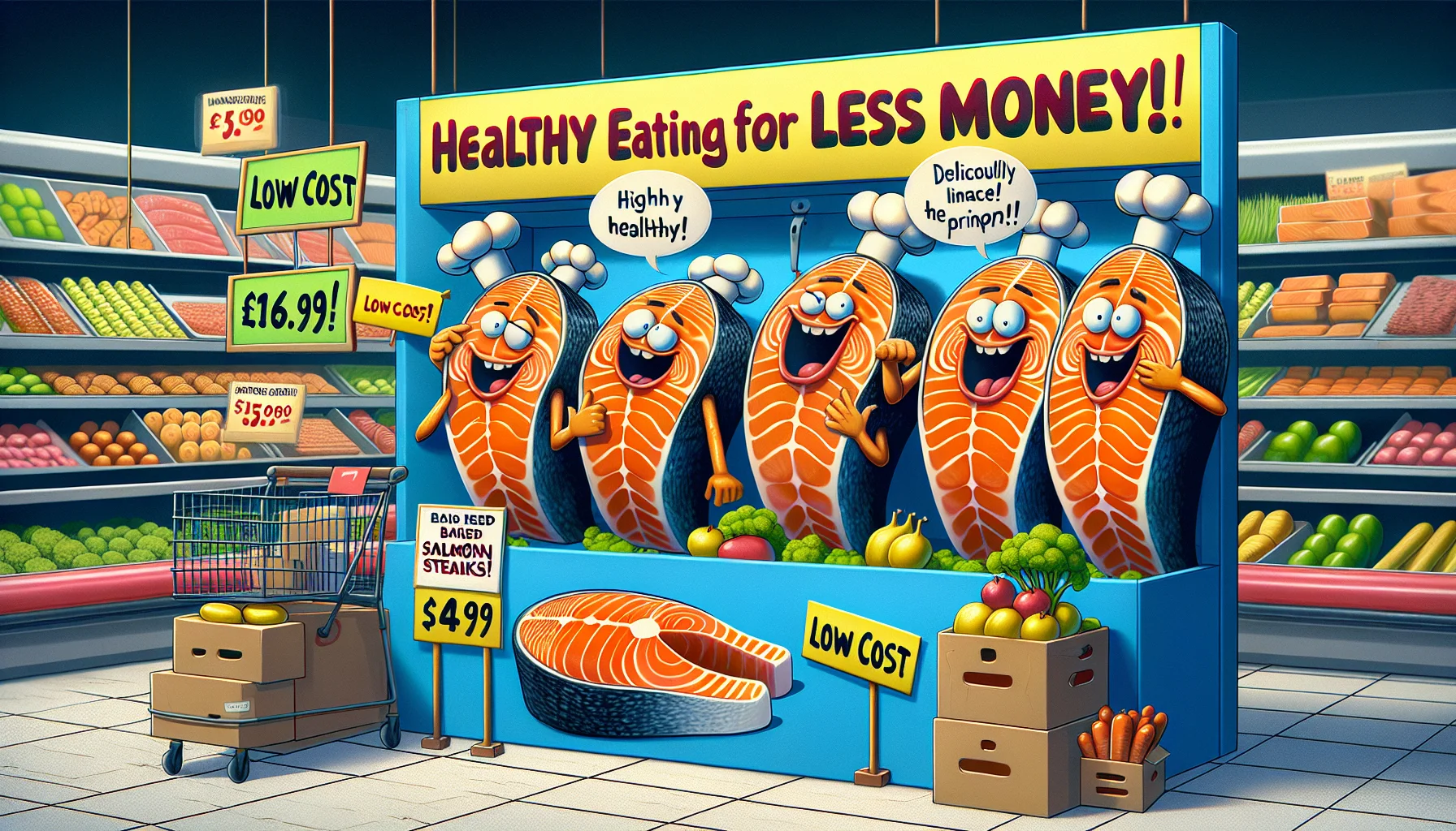 Imagine a humorous scene in a grocery store. A large colorful sign promoting 'Healthy Eating for Less Money' is visible overhead. Beneath it is a cartoonish stand with baked salmon steaks showcasing themselves humorously. They're striking goofy poses as if they're convincing customers about their benefits. Each salmon steak wears a tiny chef's hat and holds little banners saying, 'Low Cost!', 'High in Proteins!', and 'Deliciously Healthy!' The delightful smell of the cooked salmon wafts through the store, attracting customers. Final touch, a price tag showing an affordable price hanging off the corner of the stand.