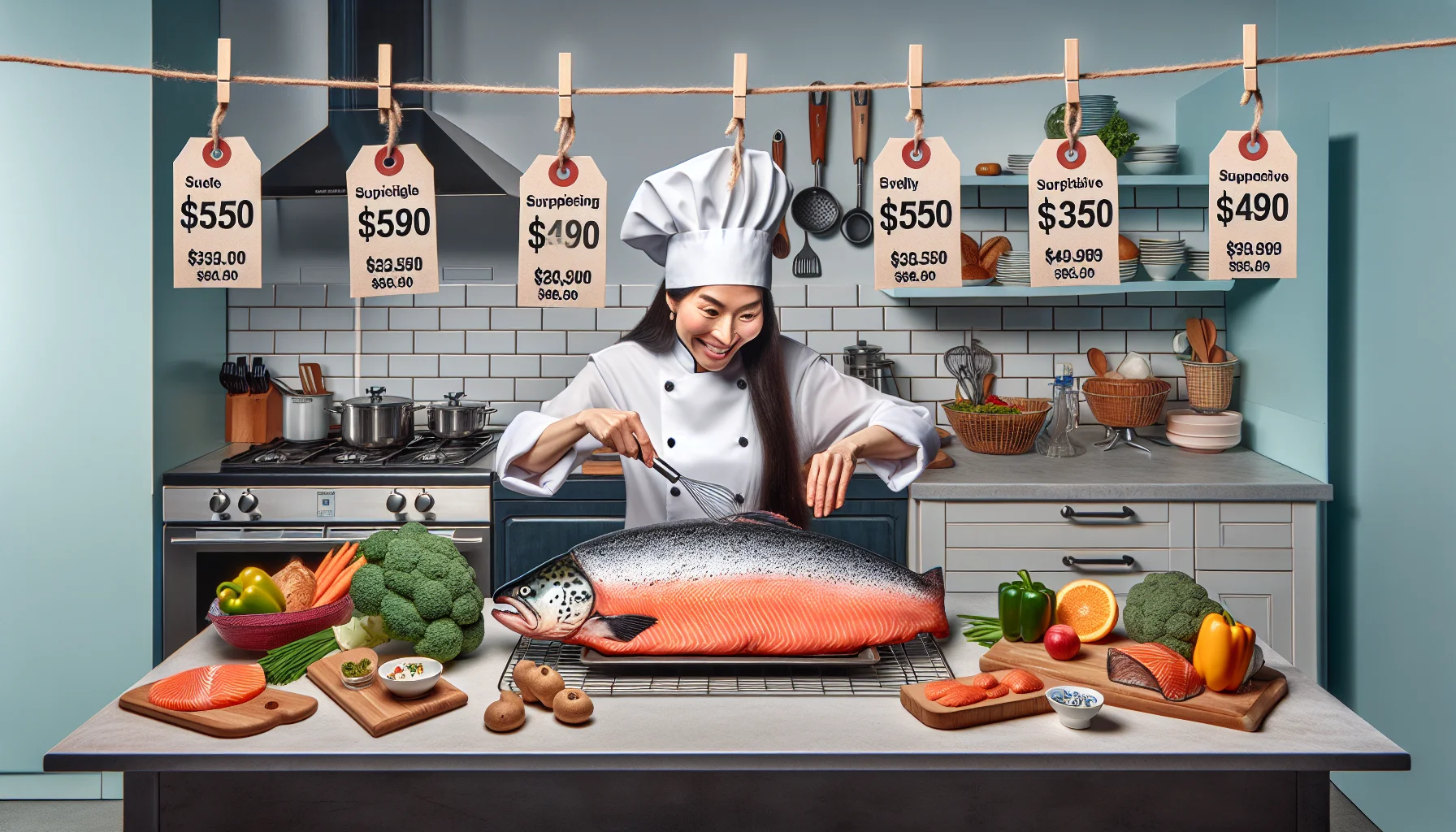 Create a humorous and realistic image depicting a culinary scene where an East Asian woman dressed as a professional chef is baking a large, juicy salmon at a precise temperature of 350 degrees Fahrenheit in a modern kitchen. Around her, price tags comically hang from various healthy ingredients and kitchenwares, each showing surprisingly low prices. The surprising affordability of the meal should be emphasized for comedy and to emphasize the message that eating healthy doesn't have to be expensive.