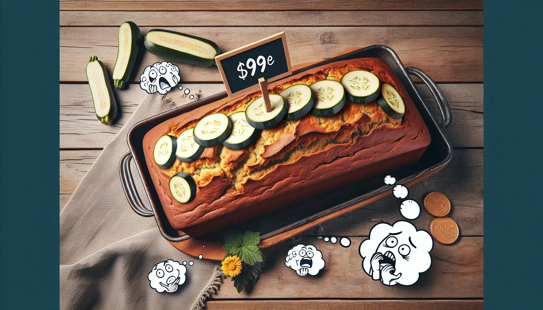 Generate a humorous image of a homemade zucchini bread, made according to a popular recipe. The bread sits in a rustic kitchen setting, adorned with slices of fresh zucchini and decorated with a price tag that is significantly less than what one would expect for such an appetizing and healthy offering. There are cartoonish thought bubbles around, illustrating people's disbelief and surprise at the low cost of this delicious and healthy bread. The image has a realistic style but the situation and reactions are exaggerated for comedic effect.