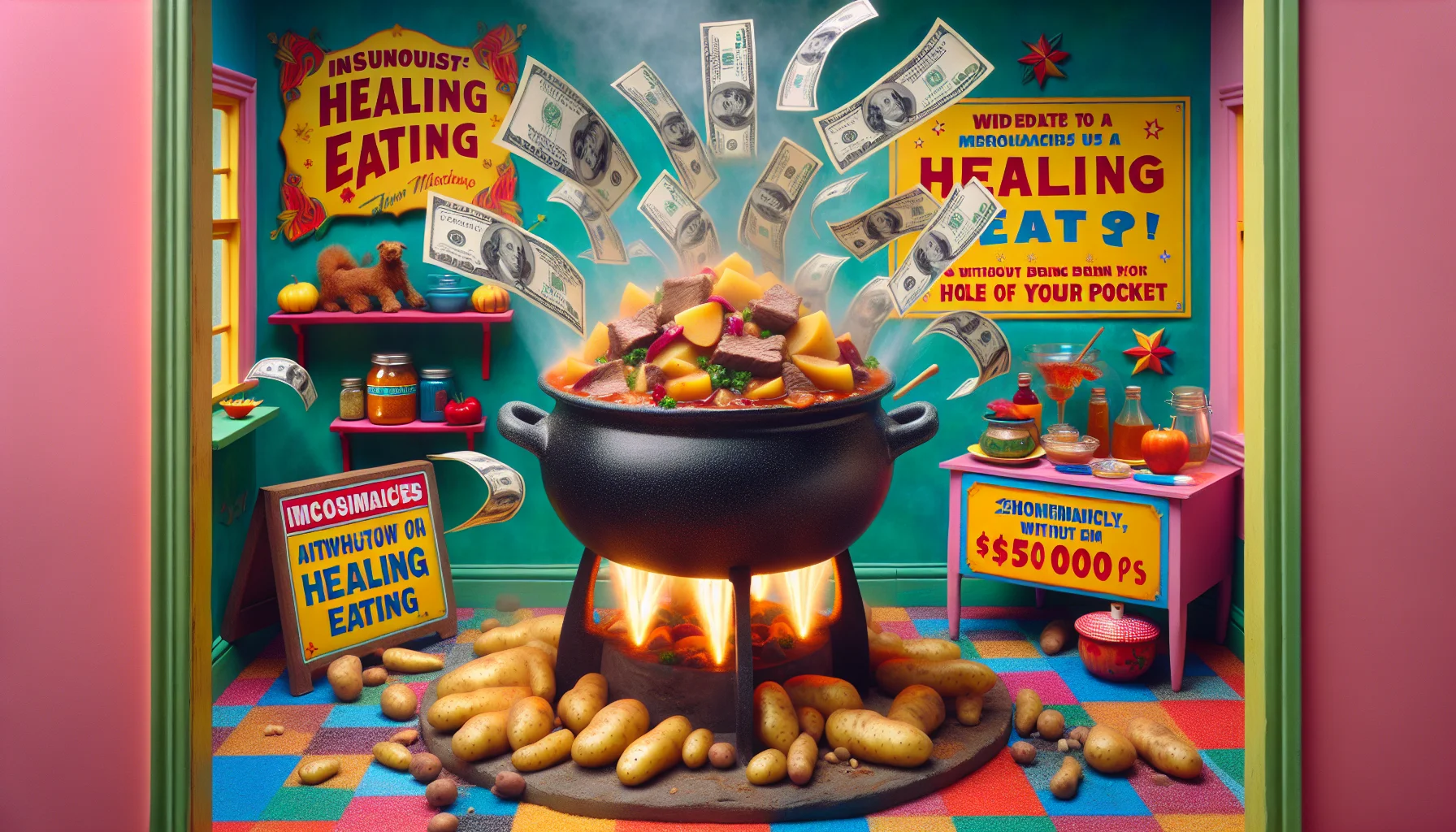 Generate a humorous yet realistic image of a vibrant, delectably prepared beef and potato stew. The scene is taking place within a garishly decorated kitchen where the stew pot inexplicably spurts out occasional dollar bills along with aromas, symbolizing the economical benefits of healing eating. Beside the unusual spectacle, there is a creatively designed promotional board encouraging people to adopt a healthier diet without burning a hole in their pocket.