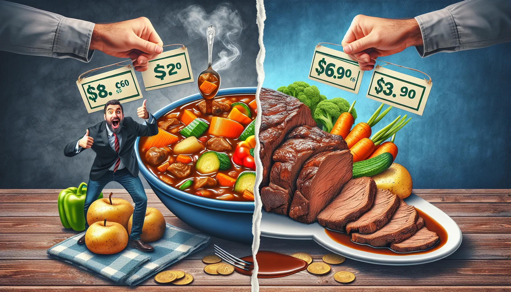 Visualize an amusing, realistic scene that demonstrates the affordable and healthy aspect of beef stew and pot roast. On one side of the image, show a steaming and appealing bowl of beef stew, vibrant with colorful vegetables and rich brown gravy. On the other side, present a juicy, glistening pot roast, plated artistically with roasted potatoes and carrots on the side. Merge both scenes humorously by adding exaggerated price tags showing the beef stew is cheaper with a thumbs-up sign, and a surprised onlooker near the pot roast with an empty wallet, to underscore the health and economic benefits.