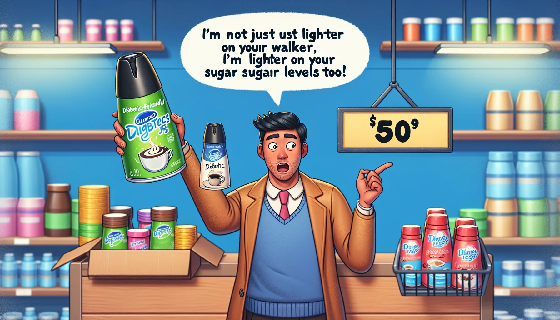 Create a humorous and relatable scene emphasizing the benefits of using a diabetic-friendly coffee creamer. Display a setting where an Asian male grocery shopper with a surprised look is comparing two price tags between a regular creamer and the cheaper diabetic-friendly creamer. Make the diabetic creamer appear healthier and brightly colored, indicating its nutritional superiority. A funny dialogue bubble is coming from the creamer saying something witty such as, 'I'm not just lighter on your wallet, I'm lighter on your sugar levels too!' This fun scenario encourages people to consider their health when budgeting groceries.