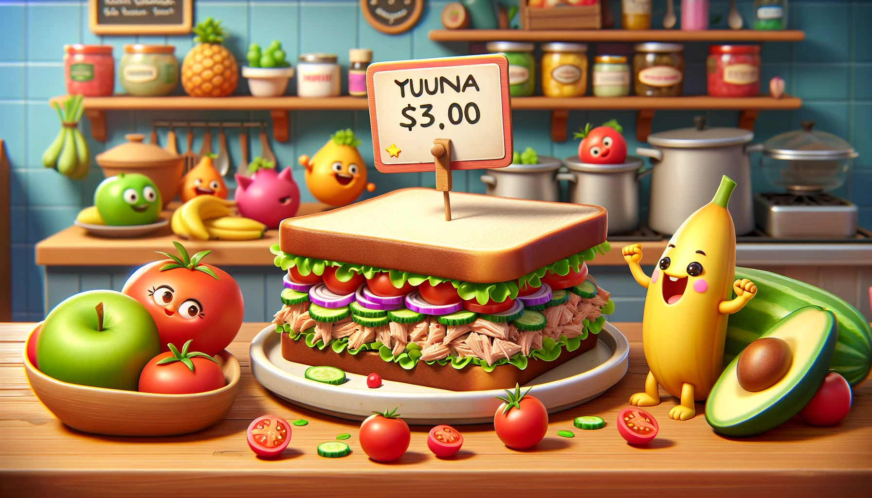 Create a playful and realistic scene that features a tantalizingly delcious tuna sandwich. This should be depicted in a humorous scenario to encourage people to opt for healthy eating choices. The sandwich could be filled to the brim with fresh veggies and tuna, placed in a plate that shows its affordability. Perhaps there could be a small sign next to the dish indicating the reasonable cost. Around the sandwich, there could be animated fruits and vegetables cheering or looking impressed, adding a funny element to the scene. The background can be a warm, inviting kitchen or a charming café, emphasizing homemade goodness and value for money.