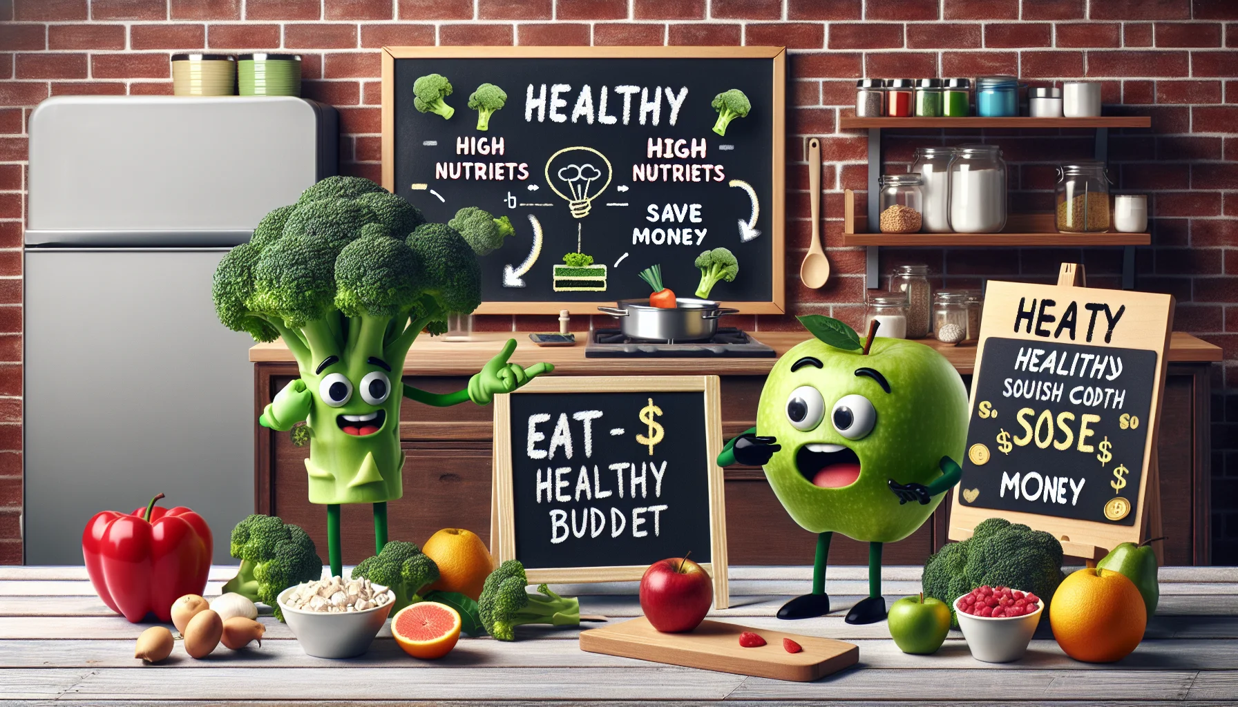 Create a humorous and realistic image that promotes healthy eating for less money. The setting should be a kitchen where a couple of happy vegetables and fruits characters are preparing meals. Show some cunning broccoli suggesting an economic dish rich in fiber to an astonished apple. Around them, display signs promoting the benefits of healthy and budget-friendly eating, such as 'High nutrients, low cost', 'Eat smart, save money'. Don't forget to add a blackboard in the background showing a funny diagram about the 'Eat Healthy Budget Plan'.