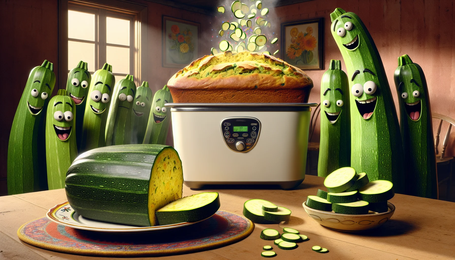 Imagine a humorous and enticing scene depicting freshly baked zucchini bread made from a bread machine. The zucchini bread sits majestically atop an ornate plate, releasing inviting aromas that fill up the room. Around the bread, funny caricatures of animated zucchini are performing a comical skit, perfectly choreographed to demonstrate the easy and low-cost process of making this healthy bread. The vibrantly colored zucchini characters are seen chopping themselves up, joyfully tumbling into the bread machine, and emerging transformed into delicious and nutritious slices of bread. The room emanates warmth, gratitude, humor and disbelief, tantalizing the viewers and encouraging them to adopt this economical and healthy eating alternative.