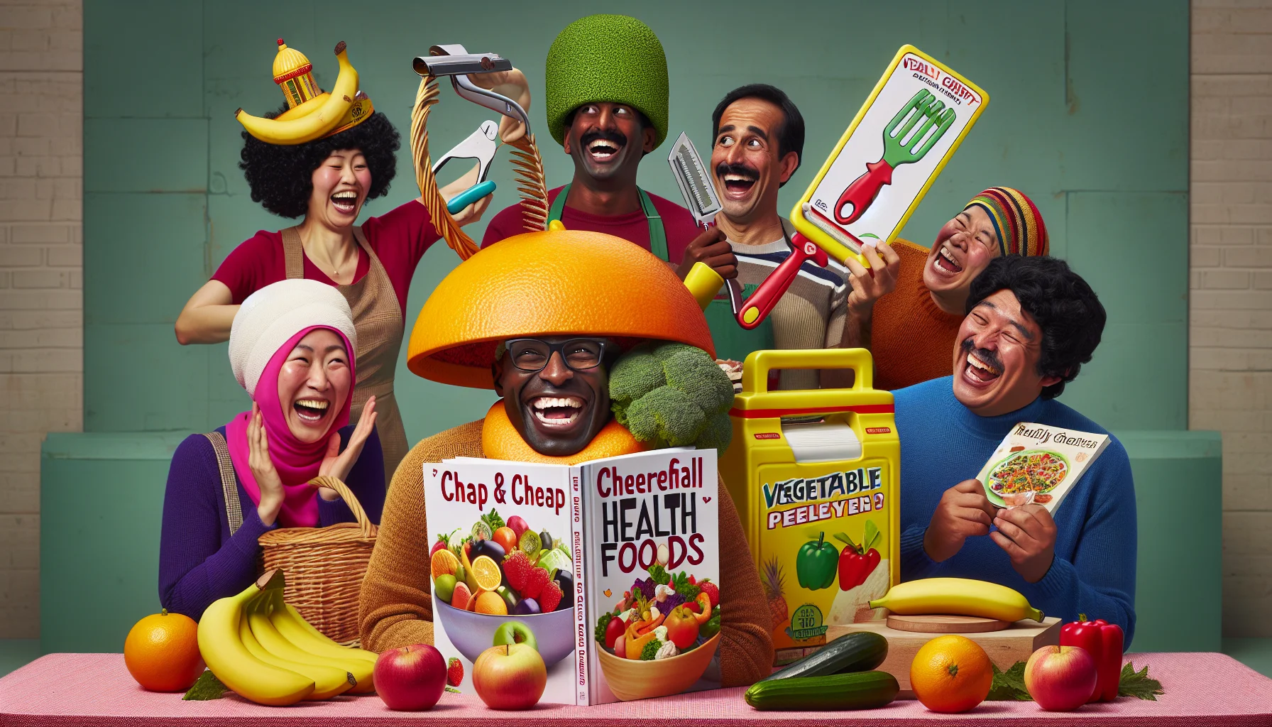 A humorous and realistic depiction of an array of budget-friendly gift items, all focused on promoting a healthy lifestyle in an economical way. For instance, a real fruit basket doubling as a funky hat on a laughing South Asian man, a vegetable peeler disguised as a fashionable accessory worn by a Middle Eastern woman and a cookbook titled 'Cheap & Cheerful Health Foods' being read by a Black man with delight. The scene is lively, colorful, suggesting that giving and receiving 'hard-to-gift' health-centric items can be whimsically cost-effective and highly beneficial.