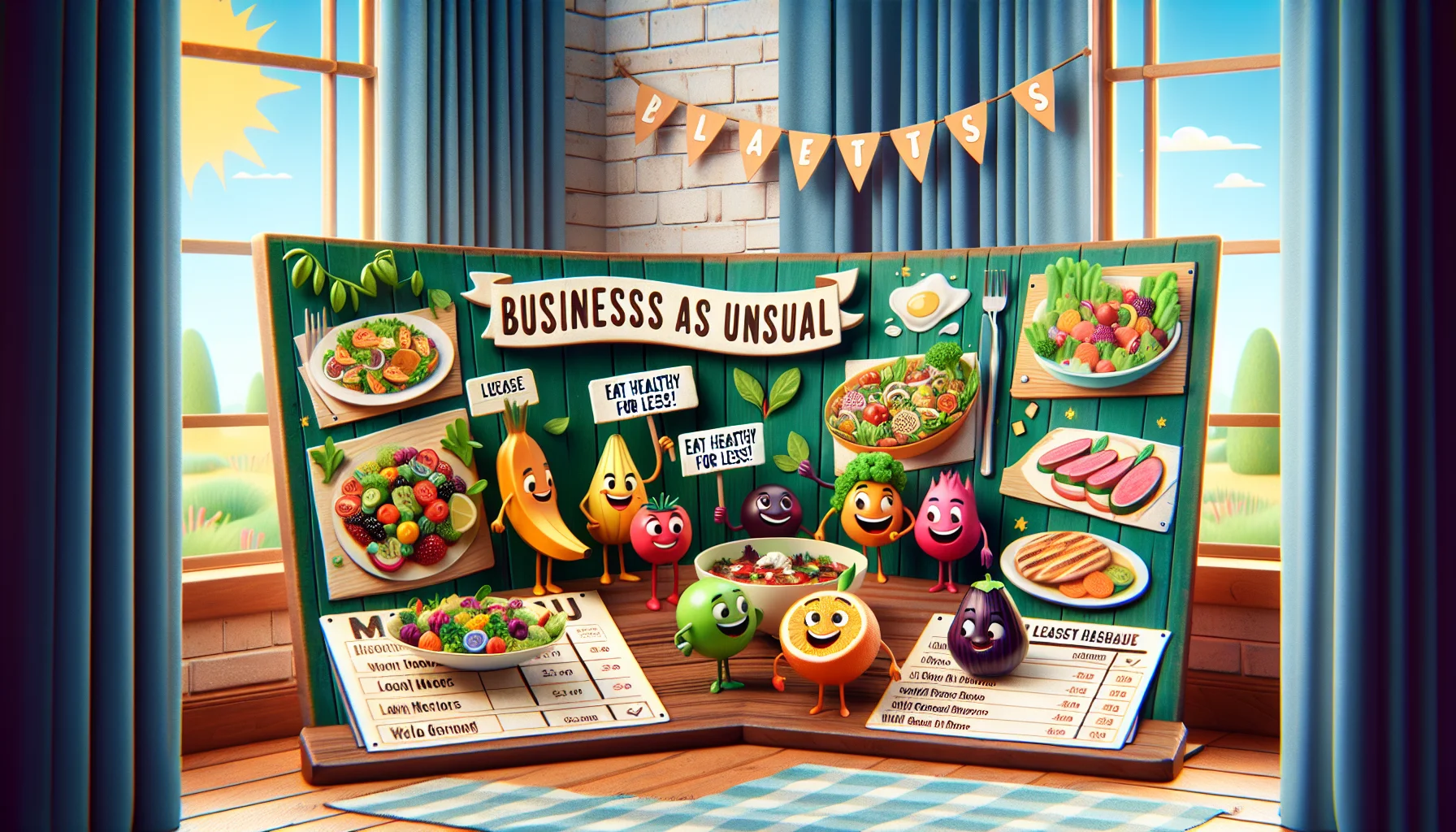 An amusing scene featuring a menu plan situated on a wooden cutting board, titled 'Business as Usual,' filled with illustrations of attractive, low-cost, and healthy meal options. The menu displays dishes like vibrant salads, colorful fruit bowls, grilled lean meats, and whole grain options. Smiling fruit and vegetable characters stand around the menu, acting as cheerleaders, showcasing banners that read 'Eat Healthy for Less!' Outside the windows, a sunny day bathes the room with warm light. The scene is designed to be charming and enticing, inspiring to prioritize health without straining the wallet.