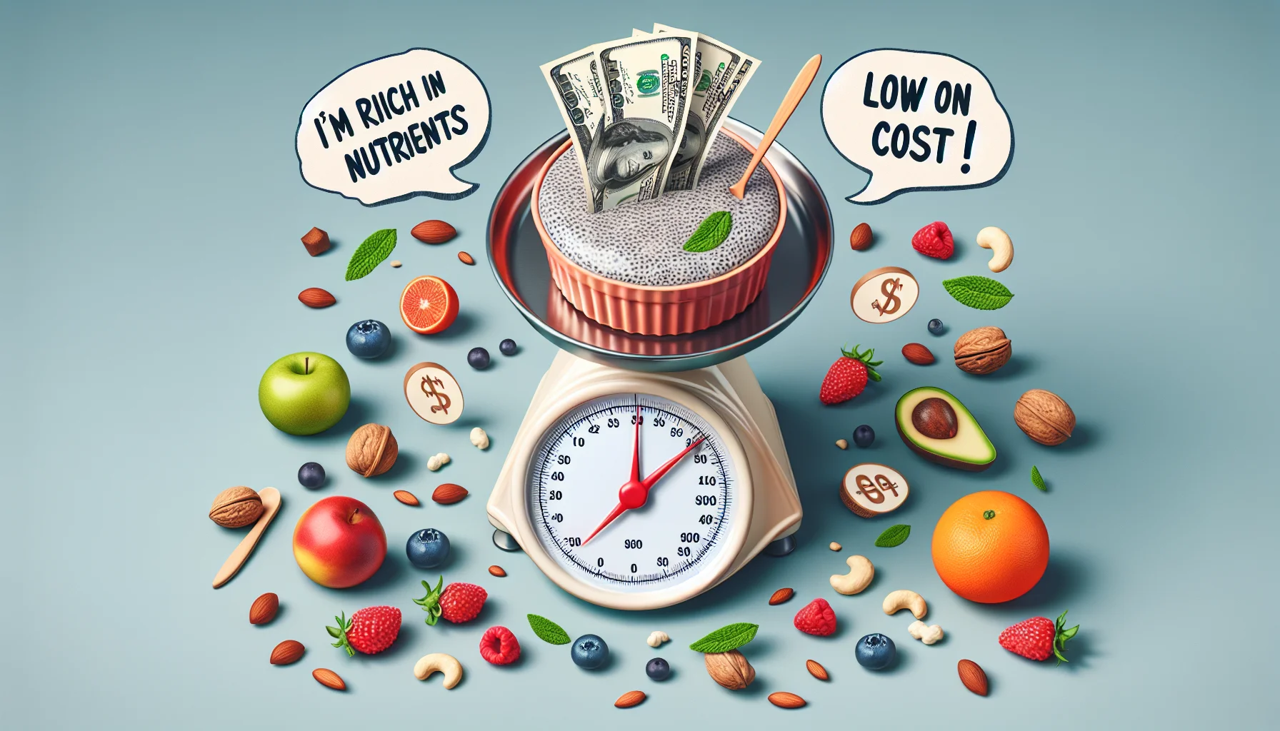 Create a humorous, yet realistic image where a bowl of chia pudding is being measured on a traditional scale with a dollar bill on the other side. The scale is tilted heavily towards the chia pudding side, indicating it is loaded with nutrients and yet lite on the wallet. Surrounding the scale are various fruits and nuts indicating healthy toppings. Floating cartoonish numbers, reminiscent of caloric values, are coming out from the bowl, painting a picture of high nutrient value. A speech bubble coming from the chia pudding says, 'I'm rich in nutrients and low on cost!'