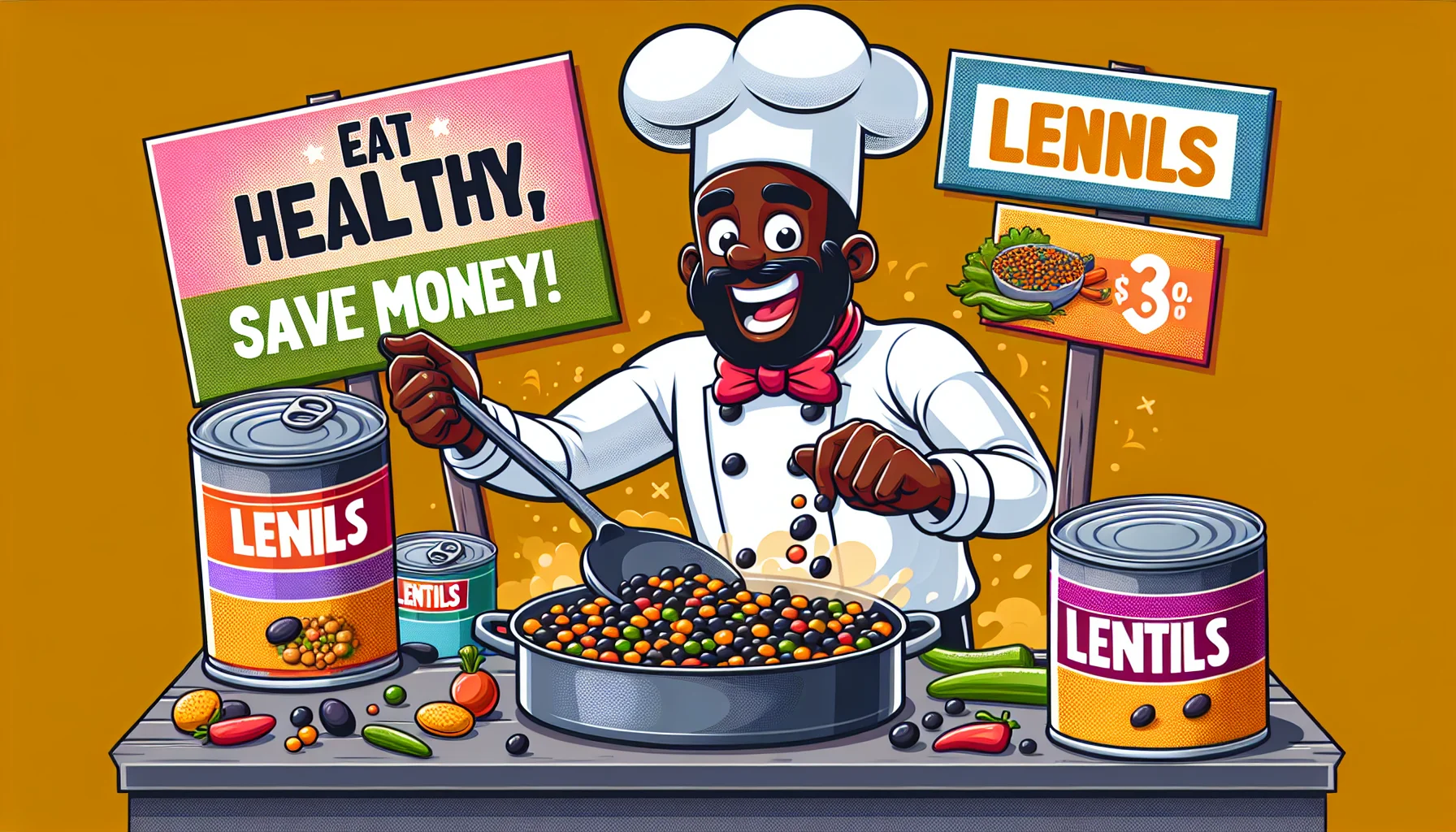 Design a colorful and cheerful kitchen scene where a goofy, cartoonish chef character of Black descent, is gleefully mixing a steaming pot of canned lentils. The lentils look so delicious, with bright colors indicating a variety of spices added. Scattered around are banners promoting healthy eating, one stating 'Eat Healthy, Save Money!' and another one showing a comparison of lentils price compared to fast food. The overall atmosphere communicates an invitation to enjoy cost-effective, nutritious food.