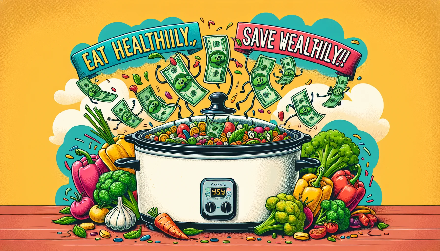 Get imaginative with a lively and humorous scene illustrating a casserole slow cooker. The slow cooker is blissfully decorated with dollar bills instead of usual ingredients, symbolizing cost savings. There are vibrant vegetables like carrots, broccoli, bell peppers, dancing around it, emphasizing the concept of eating healthy. To make the scenario more appealing, include a playful banner hovering above the scene that reads 'Eat Healthily, Save Wealthily!' all in a lively, pop-art style.