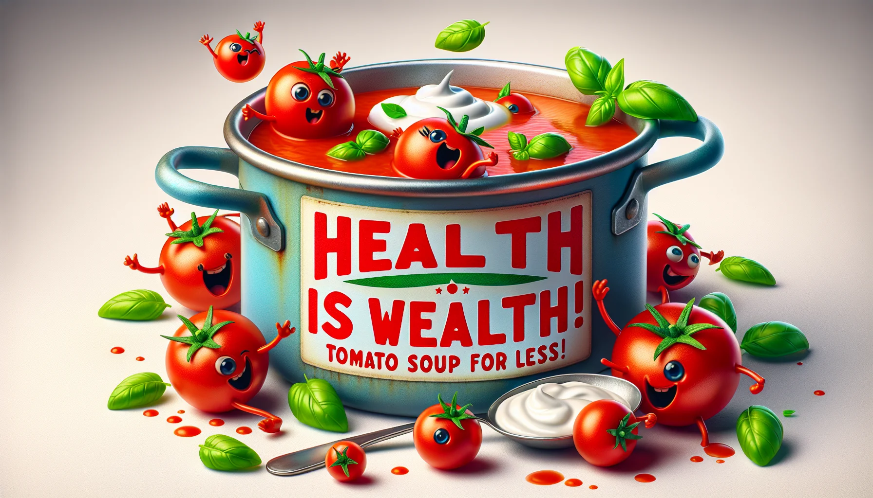 Generate a humorous and attractive image that depicts a pot of cherry tomato soup engaged in a comedic scene. The soup is garnished with fresh basil leaves and a dab of sour cream. Show small, ripe cherry tomatoes playfully bounding into the pot, portraying the ingredients' enthusiasm to become part of the healthy meal. A catchy slogan like 'Health is Wealth, Tomato Soup for less!' is displayed in friendly, colorful letters encouraging viewers to eat healthily and economically.