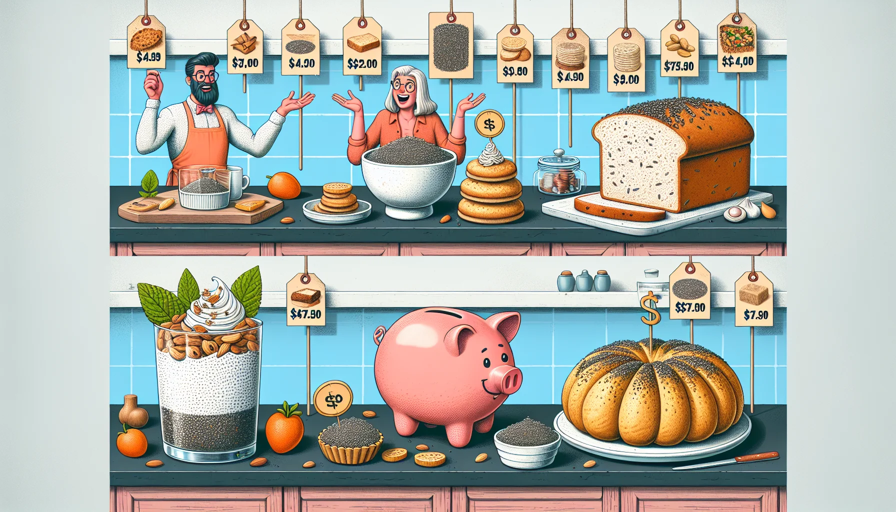 Create an image that portrays a humorous situation showcasing various chia seed recipes suitable for a keto diet. Show different food items such as chia seed pudding, keto-friendly bread infused with chia seeds, and a crustless chia seed pie arranged in a charming kitchen setting. To emphasize the affordability of these dishes, include elements like price tags showing low prices, or a piggy bank sitting on the countertop. Encourage healthy eating by showing people of different genders and descents enjoying the food with wide grins on their faces, exchanging light-hearted and enjoyable conversations.