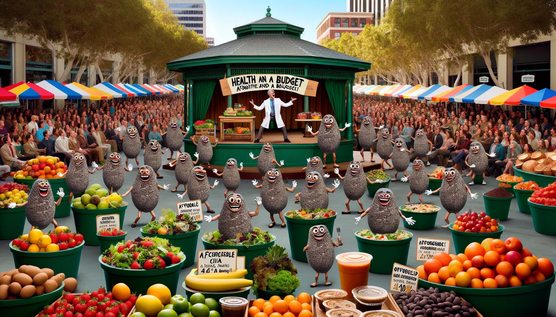 Picture a hilarious scene of a lively farmers' market. The vibrant and fresh fruits and vegetables, all adorned enticingly with affordable price tags. In the center, a gazebo with a sign reading 'Health on a Budget.' Under it, humorously anthropomorphic chia seeds are putting on a captivating musical, brandishing tiny signs saying 'Affordable and Nutritious!' They're dancing amongst a plethora of salads, smoothies, and baked goods, all abundantly sprinkled with chia seeds, their rich taste palpable even in the image. The audience is an amused mix of men, women, and children of various descents, all entranced by the chia extravaganza.