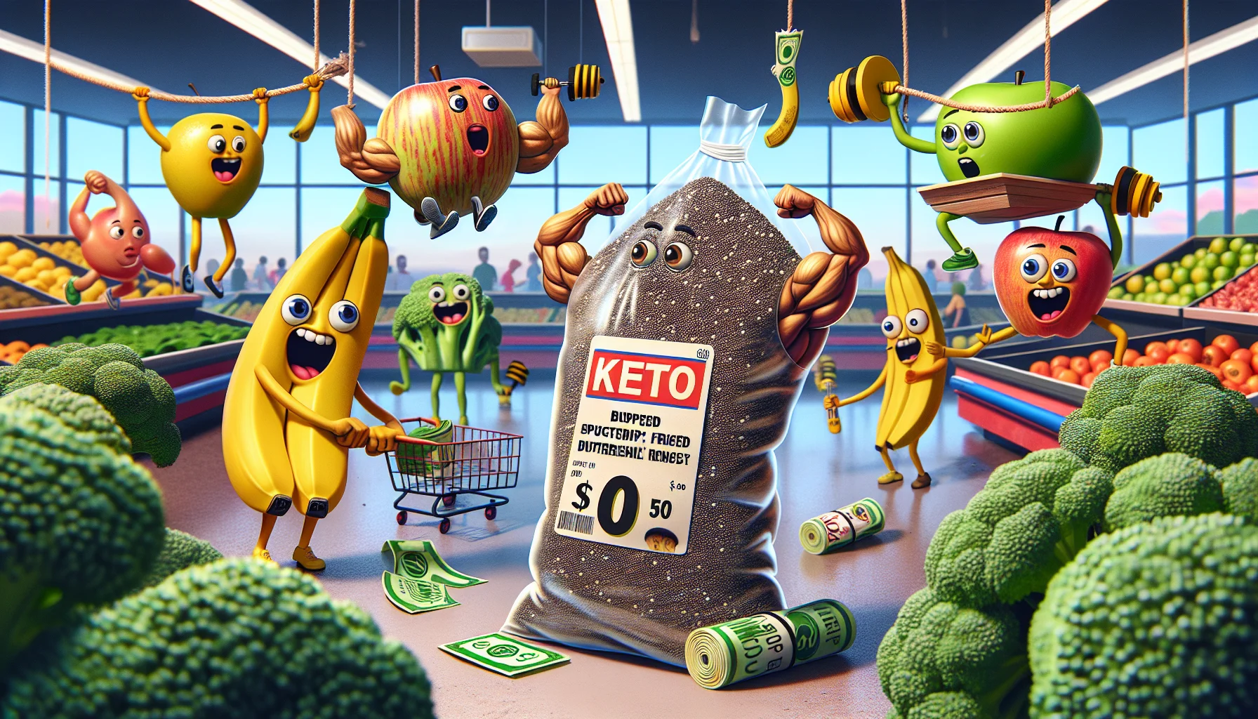 Imagine a humorous scene set in a cartoon-style supermarket. In the forefront, a bag of chia seeds is marked with a banner labeled 'Keto' and an astonishingly cheap price tag. The chia seeds are anthropomorphized, depicted with joyful expressions and flexing mini muscles, indicating their nutrition-rich nature. Surrounding them are whimsical background elements: broccoli lifting discounted price tags as if they were weights, bananas doing a balancing act on a string of green dollar bills, and apples performing a comedic stand-up routine that subliminally promotes budget-friendly healthy eating. This unexpected performance draws the attention of diverse shoppers of different descents and genders who veer off their original shopping paths, chuckling, and opting for these affordable healthy items instead.