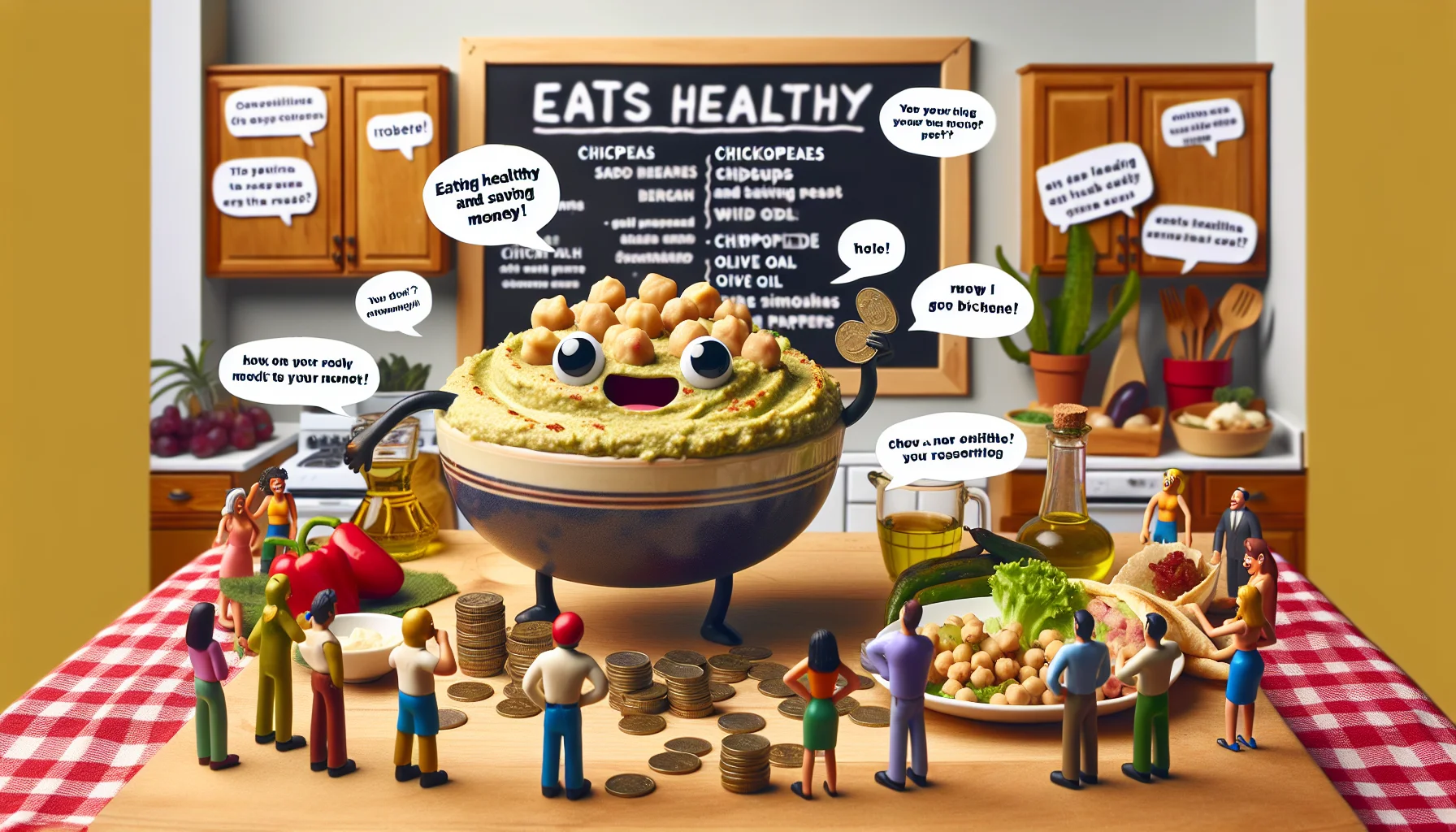 Envision a humorous scene in a home kitchen where a bowl of fresh, homemade Chipotle Hummus takes center stage. Picture the hummus as a charismatic character who's offering a comedic sales pitch about eating healthy and saving money, with speech bubbles expressing witty remarks. To establish realism, the details of the recipe are draped around the scene in a friendly, easy-to-understand way - chickpeas represented as coins, with olive oil flowing like a budget stream, and chipotle peppers adding a spicy twist. Surrounding the scene are mini characters portraying various economic classes, all laughing and enjoying the presentation.