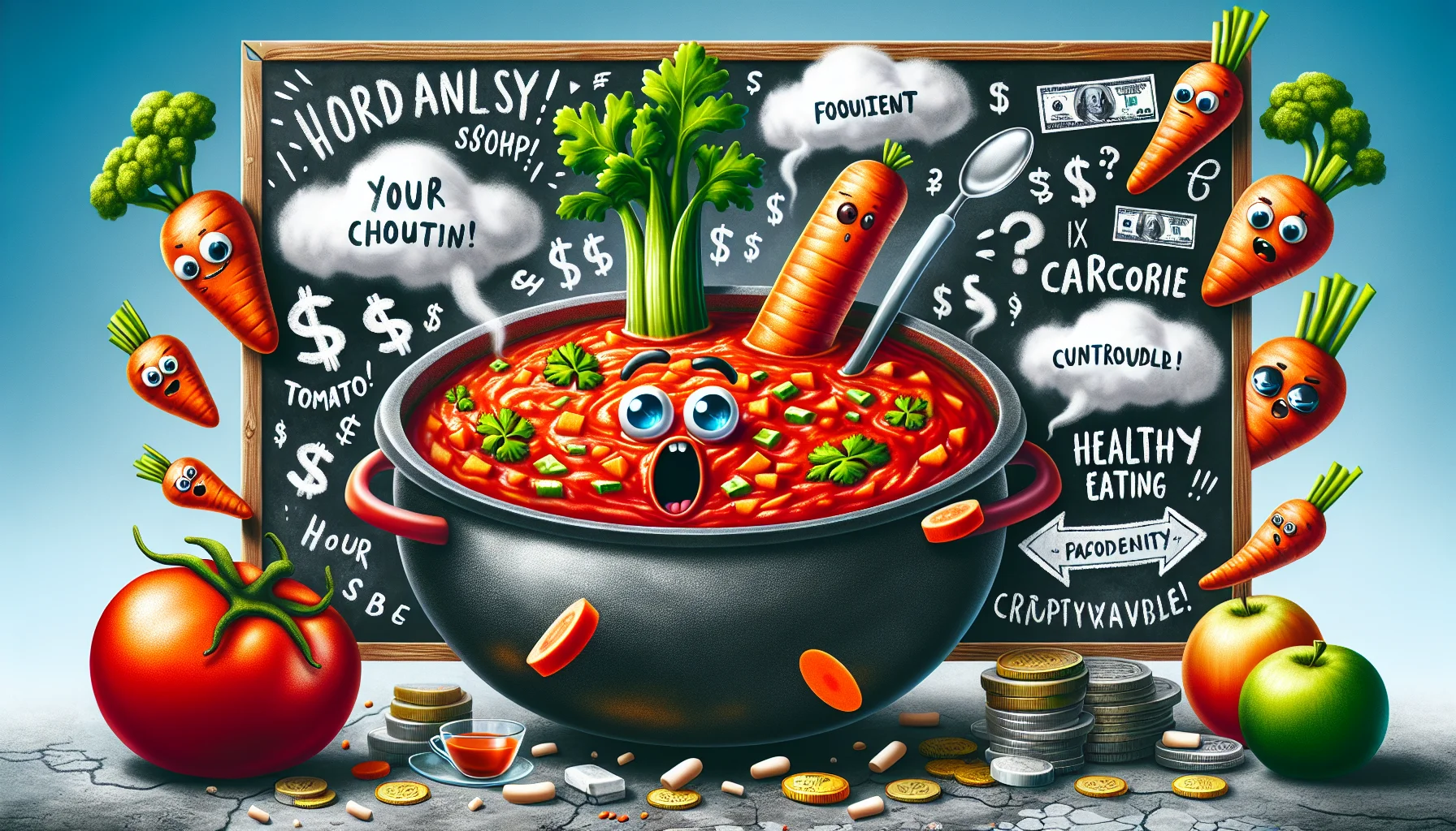 Depict a humorous scenario of a large, vividly colored and chunky tomato soup simmering in a pot. Floating in the soup are oversized carrot and celery sticks wearing small cartoonish faces, looking surprised yet ecstatic at the scrumptious whirlpool they are in. Nearby, display a chalkboard where creative and funny handwritten chalk messages promote the benefits of healthy eating and the affordability of the recipe. Show different currencies and small illustrations that represent worldwide cultures around the chalkboard, reflecting the universality and accessibility of healthy eating.