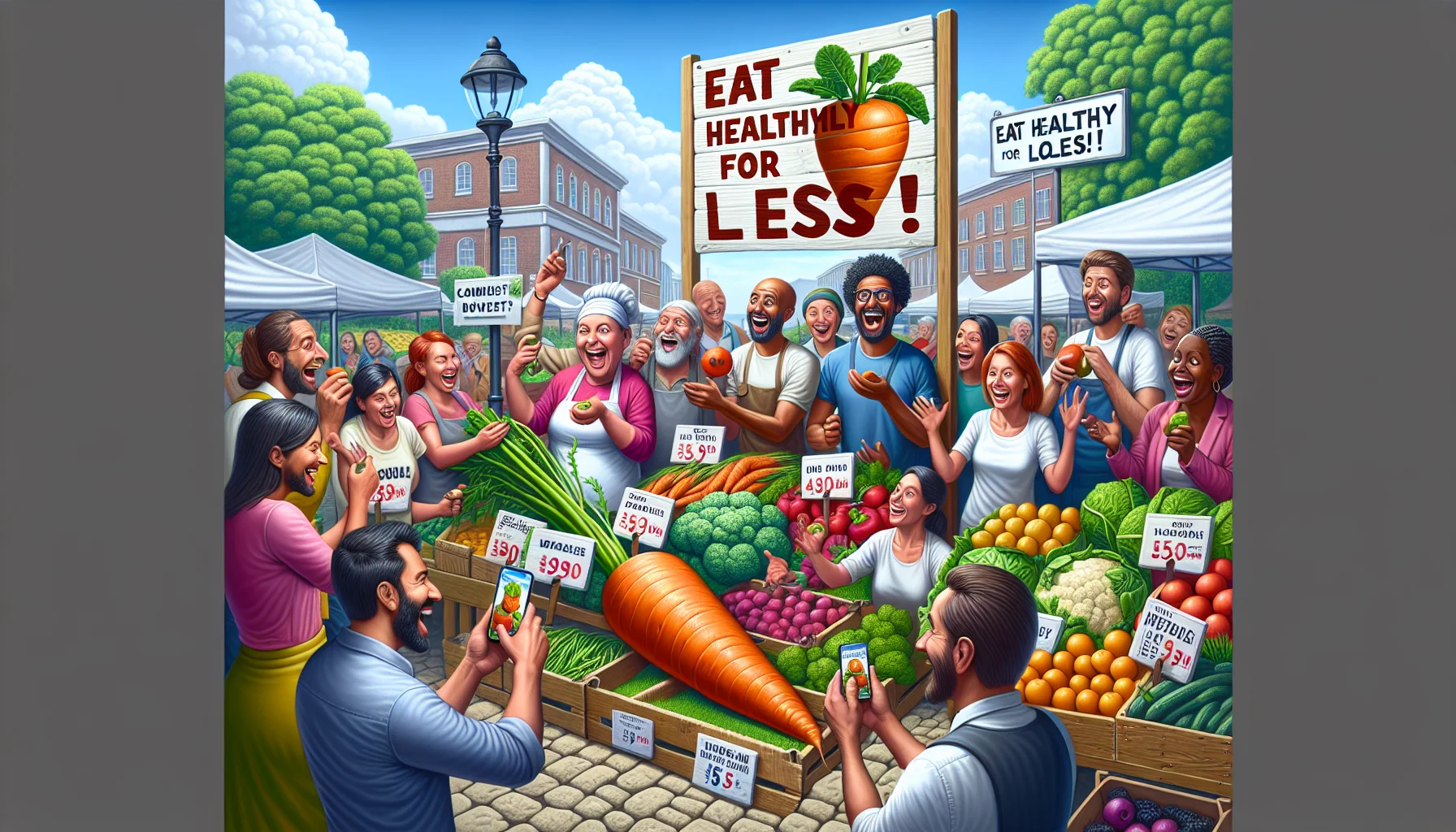 Create a humorous, realistic image capturing the spirit of Commitment to Local and Fresh Eating. There is a vibrant farmer's market bustling with people of various descents such as Caucasian, Hispanic, Black, Middle-Eastern, South Asian all interacting and cheerful. They are amazed to discover the low prices of the colourful and fresh fruits and vegetables. Incorporate elements such as vendors happily distributing samples of their products to smiling customers, a signpost depicting 'Eat Healthily For Less!', and perhaps showcasing individuals joyously discovering a giant-sized carrot or apple with a price tag showing a surprisingly low price.