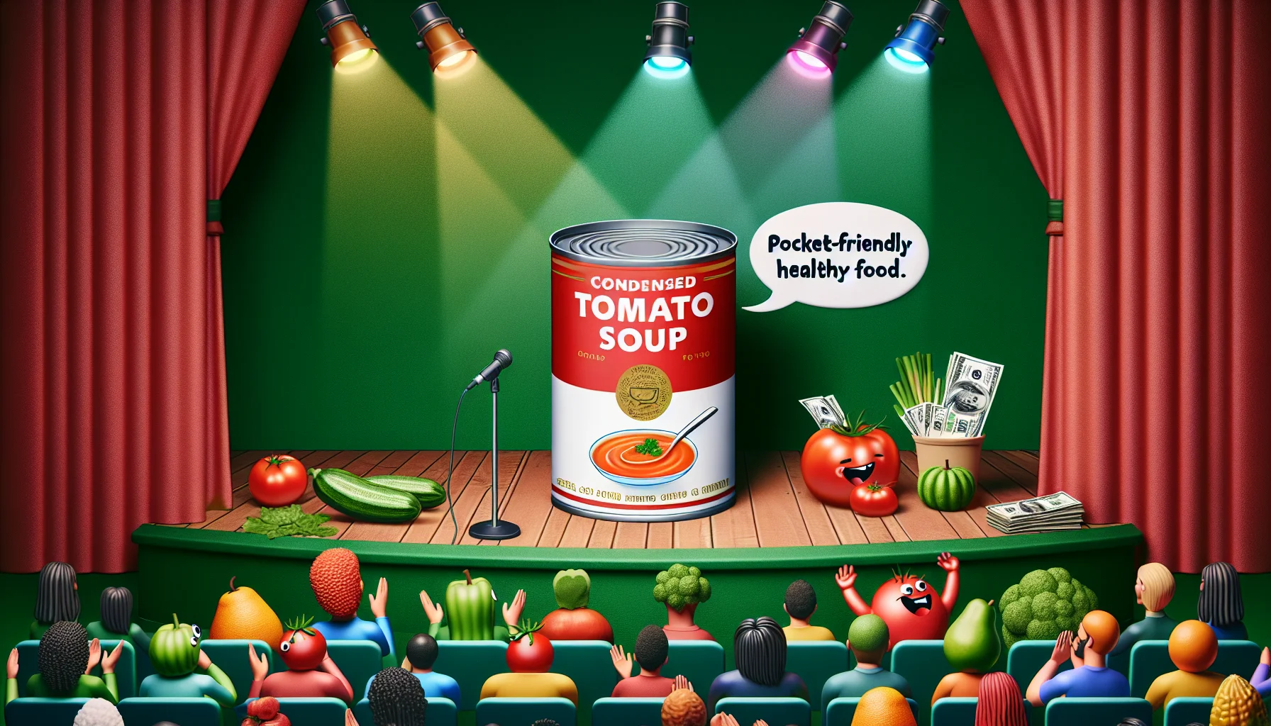 Imagine a humorous and enticing scenario showcasing a condensed tomato soup recipe. In your mind, imagine a brightly colored soup can wearing a sign that says 'Pocket-friendly Healthy Food'. This can of soup is standing on a comedy stage under a spotlight, delivering punchlines related to health and economizing, while the audience is made up of various fruits, vegetables, and money notes laughing and clapping. They're in a green backdrop with colorful spotlights illuminating the stage.