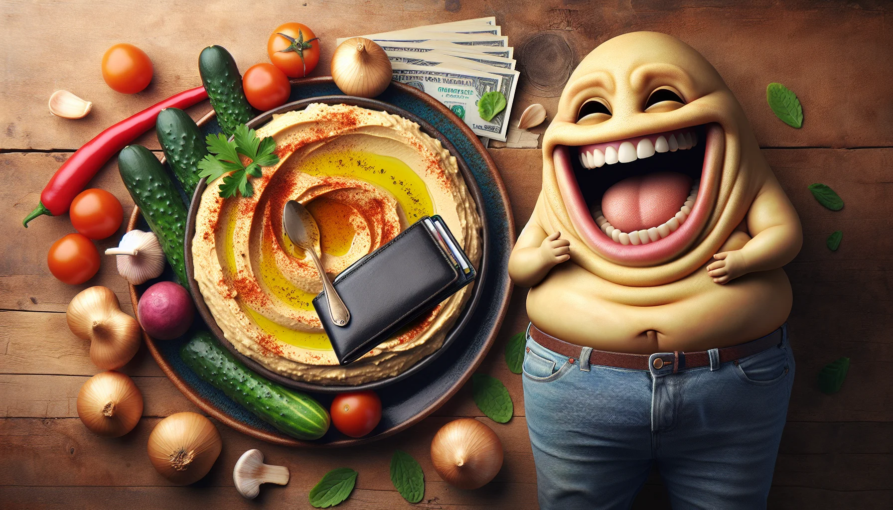 Create an engaging scene depicting a comical situation centered on a generic brand of hummus. Picture a bulging wallet chuckling joyously beside a platter of delicious, golden hummus seasoned with olive oil and sprinkled with paprika. All of this is set on a rustic table. An assortment of vibrant, crisp vegetables surround the platter, ready for dipping. The image conveys a clear, irresistible suggestion that eating healthily is not only a delightful pleasure but also a cost-effective choice.