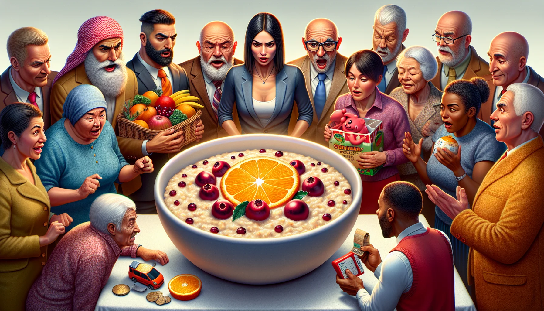 Create a highly detailed and realistic image showcasing a bowl of Cranberry Orange Christmas Oatmeal in a comical scenario. The oatmeal is glowing with an appetizing allure, drawing in a diverse group of individuals around it. These include a curious Middle-Eastern man in business attire, a Caucasian woman decked out in gym clothes, a Hispanic senior citizen with a shopping basket of fruits, a Black woman holding a piggybank, and an Asian child with a toy car, all leaning towards the oatmeal. Their expressions are filled with amazement as if the oatmeal is the solution to their quest for affordable healthy eating.