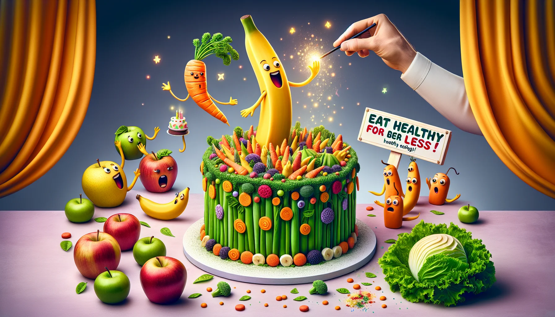 An imaginative scene showcasing a birthday cake, designed to look like a vibrant garden. This special cake is made out of various fruits and vegetables creating a unique and funny display. Around the cake, a banana is acting out a scene where it is using a carrot as a magic wand to transform the cake into a healthier version. Alongside, there are apples and green lettuce leaves acting as spectators, their expressions are filled with shock and surprise. There is also a value sign displayed, with text that reads 'Eat Healthy for Less!', suggesting the low cost of creating such nutritious delightful treats.