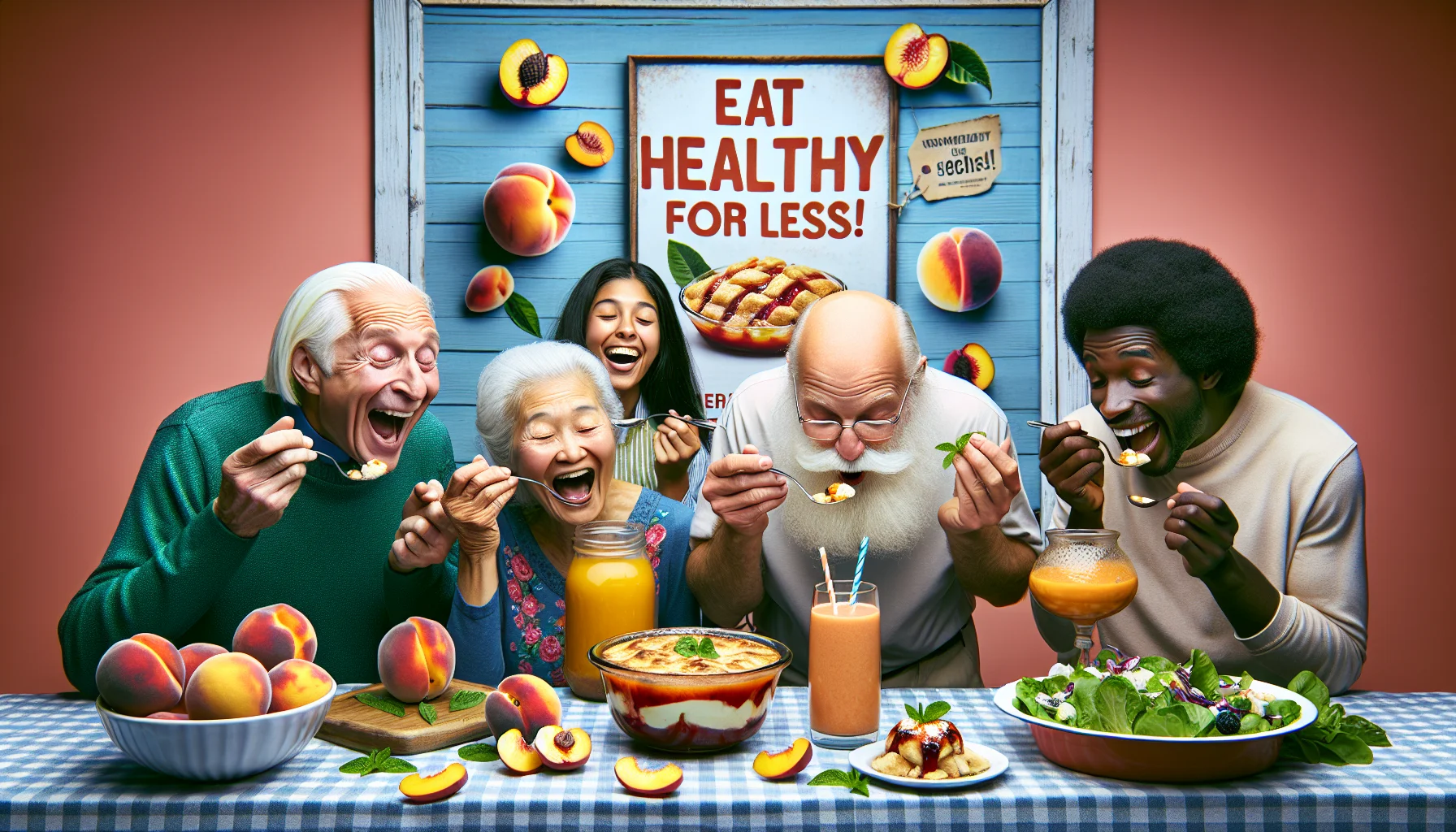 Create an image presenting various enjoyable and appetizing peach recipes. The dishes include a peach cobbler, a peach smoothie and a fresh peach salad. The scene is humorous, showing a group of four diverse people: an elderly Caucasian man, a young Black woman, a middle-aged Hispanic man and a South Asian child, all in different hilarious poses showcasing their excitement and delight while tasting the dishes. The backdrop is an attractively designed poster saying 'Eat Healthy for Less!' suggesting economically viable healthy eating.