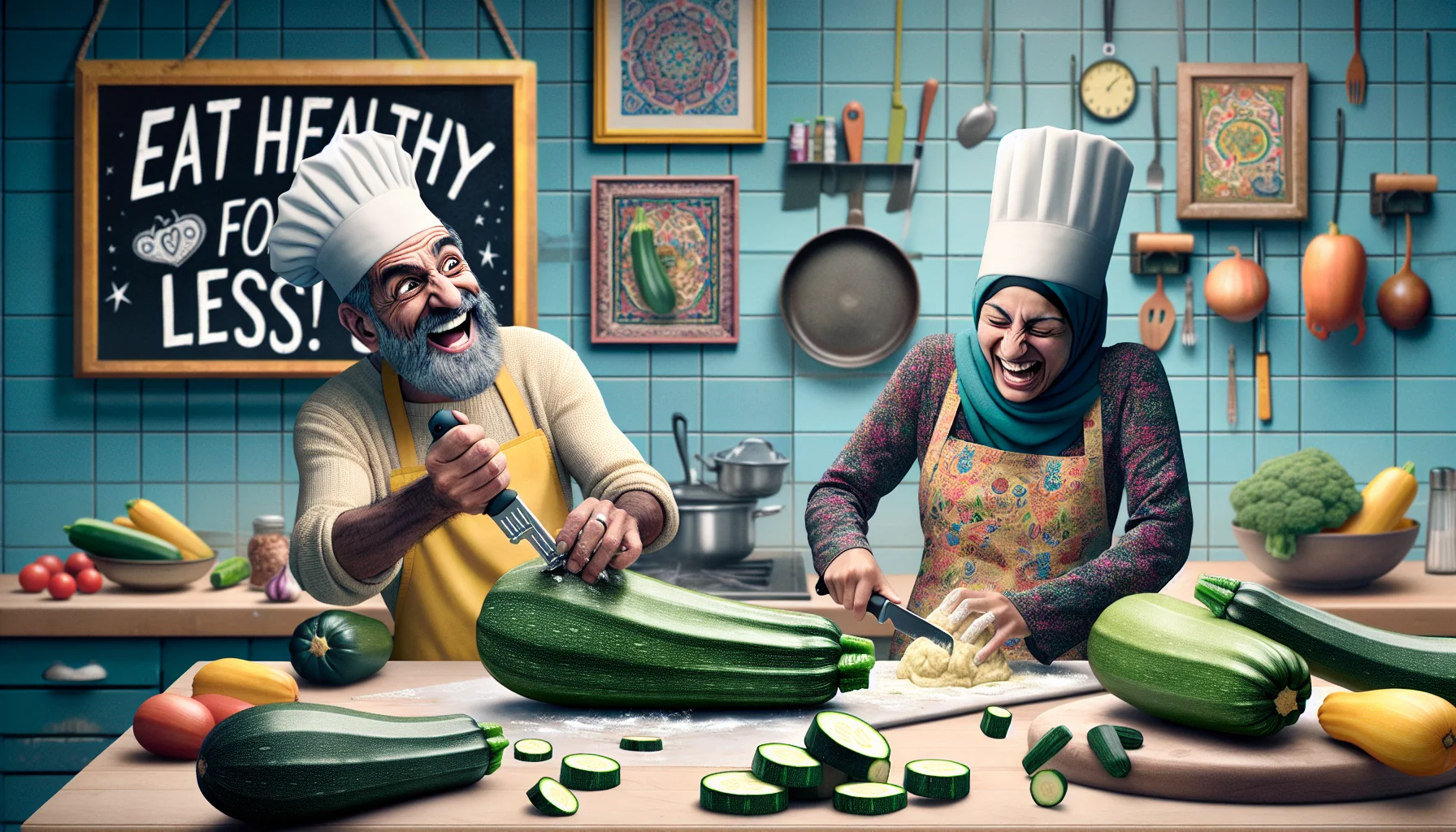 Imagine a humorous, colorful, and dynamic scene in a modern kitchen. A man of Hispanic descent and a woman of Middle-Eastern descent, both sporting chef hats and aprons, are working together to prepare a delicious zucchini bread. The man is comedically struggling to peel a giant zucchini, using a regular-sized peeler, and the woman is laughing while kneading the bread dough. Several zucchinis, some small and others equally large, are strewn around the kitchen. A visible price tag on one of these zucchinis demonstrates their affordable nature. In the background, a chalkboard sign reads 'Eat Healthy for Less!'.
