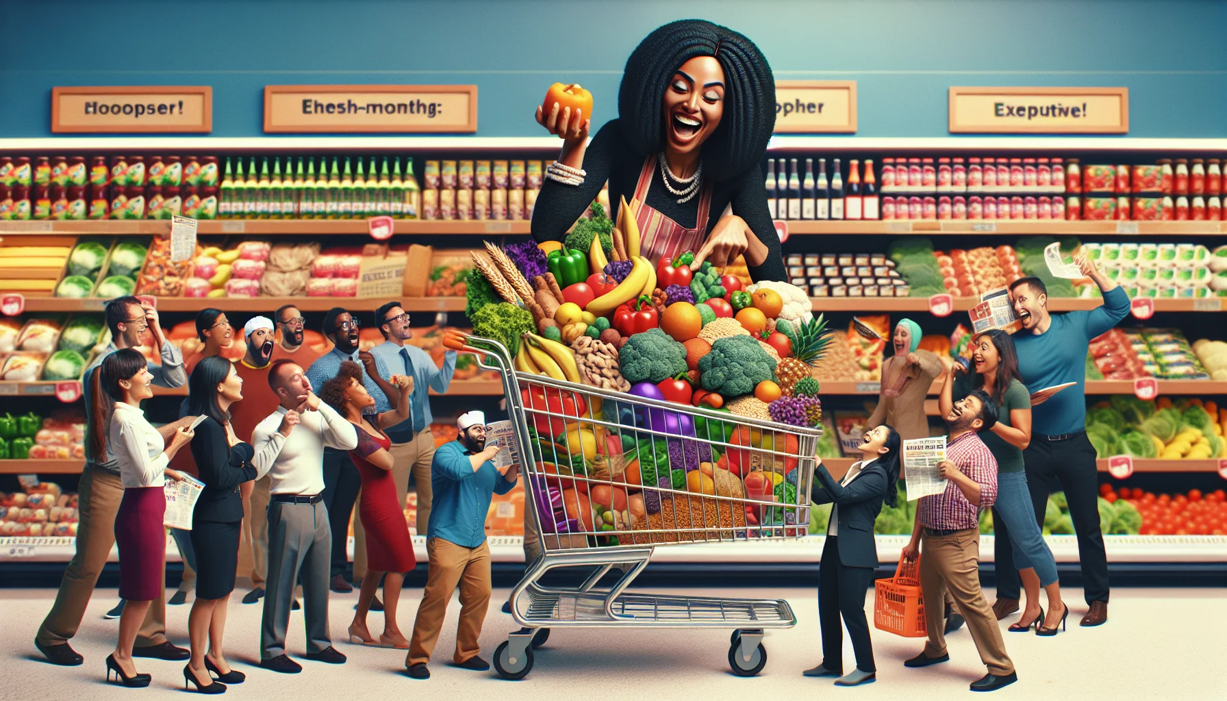 Create an image that presents Efficient Once-a-Month Shopping Tips. Specifically, incorporate a humorous situation that motivates people to adopt a healthier lifestyle while also saving money. Here’s the scenario: a Black female portrayed as the witty main character, humorously stacking a cart full of colorful vegetables, fruits, whole grains to a point of overflow, while outsmarting a label-reading Caucasian male by teaching him to choose fresh and seasonal produce over expensive processed foods. Around them, everyone in the store, consisting of Asian, Middle Eastern, and Hispanic individuals of various genders, are captivated by her advice, slowly shifting their grocery items from junk to healthy food.