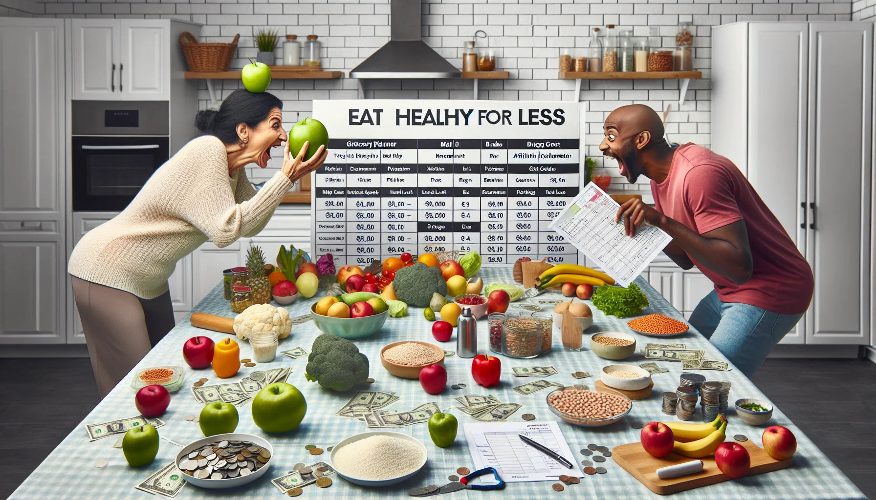 An amusing scenario set in a well-organized kitchen. In the middle, a large table displays essential grocery budgeting tools: a meal planner, a grocery list template, a budget calculator, and various kitchen ingredients, including affordable healthy items like fruits, vegetables, legumes, grains, etc. One area of this table is marked as 'eat healthy for less'. A middle-aged Middle Eastern woman and a young Black man are engaging comedically with the tools. Perhaps the woman is hilariously balancing an apple on her head as the man displays a pile of coins equivalent to the cost of the apple. Create a realistic and cheerful vibe.