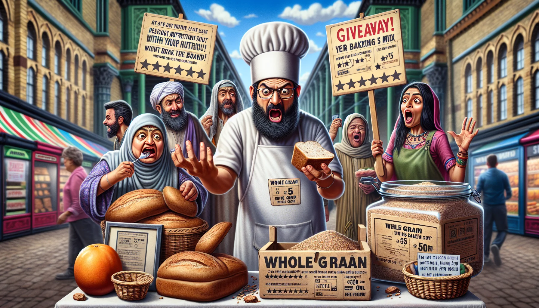 Imagine a humorous scene on a bustling marketplace, with a prominent stand promoting a 'Whole Grain Baking Mix Giveaway'. A Middle-Eastern male vendor, humorously dressed in a chef's hat and apron, enthusiastically presents the baking mix, showcasing its rich ingredients. Next to him, a South Asian female customer is trying a bite of the bread baked from this mix, her face expressing surprise and delight. Nearby is a large poster, playfully mimicking the online interface of an Etsy review, rating the baking mix five stars and praising it as 'delicious, nutritious and affordable.' This scene gently teases the viewer, motivating them to eat healthy without breaking the bank.