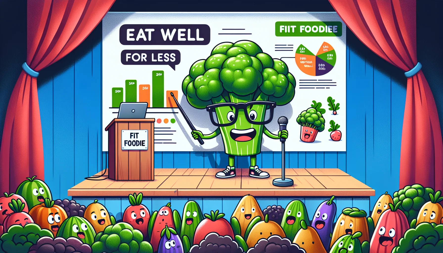 Envision a humorous scene promoting Fit Foodie Lifestyle Tips. In this lively image, a talking broccoli character is giving a talk on a stage to an amused crowd of various vegetables. The stage's backdrop, adorned with colorful fruits and vegetables, displays a slogan, 'Eat Well For Less'. The broccoli is wearing glasses and holding a pointer, pointing at a large infographics chart showing how to eat healthy on a budget. A banner on the side of the stage shares the message 'Healthy Habits, Healthy Wallet'.
