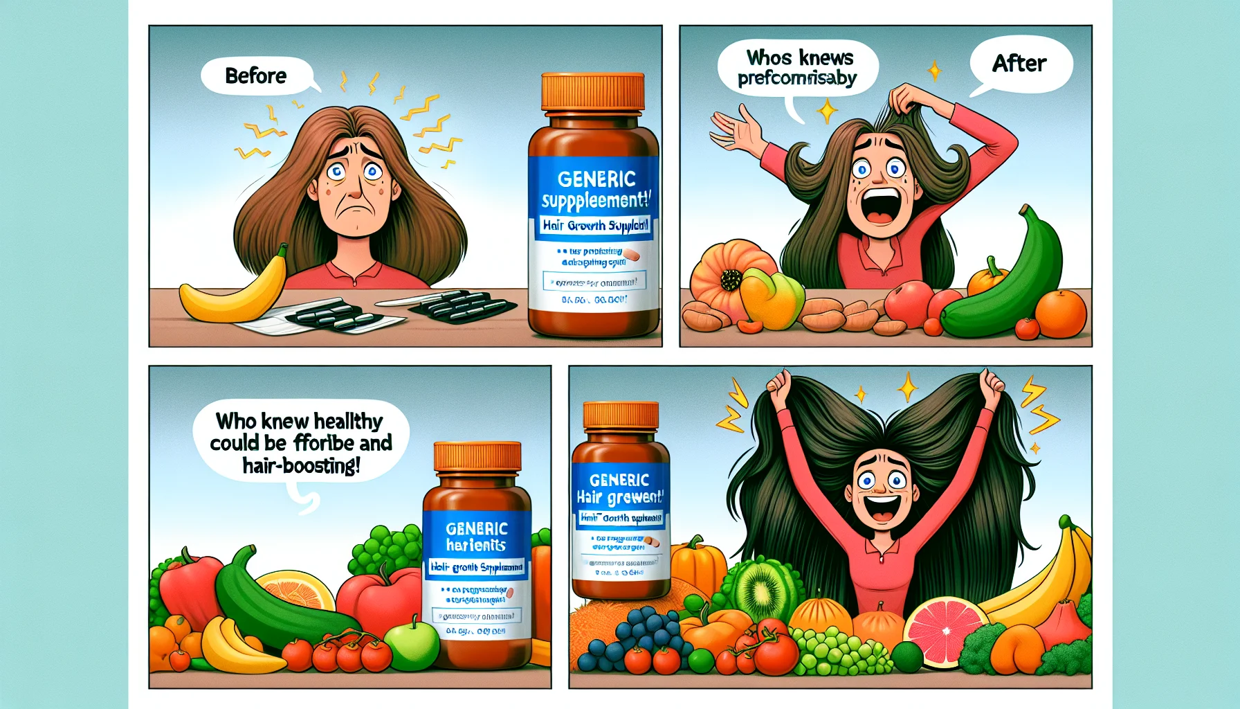 A comically exaggerated scene portraying the benefits of a generic hair growth supplement. There's a before and after skit showing a character with thinning hair looking distressed while being surrounded by expensive foods. This is contrasted with a gleeful character with luscious locks of hair afterwards who's surrounded by affordable, variety of colorful fresh fruits and vegetables, reinforcing the idea that eating healthily doesn't have to be expensive. The product bottle is clearly displayed in both scenes, and a cheeky speech bubble from the second character exclaims 'Who knew healthy could be affordable and hair-boosting!'