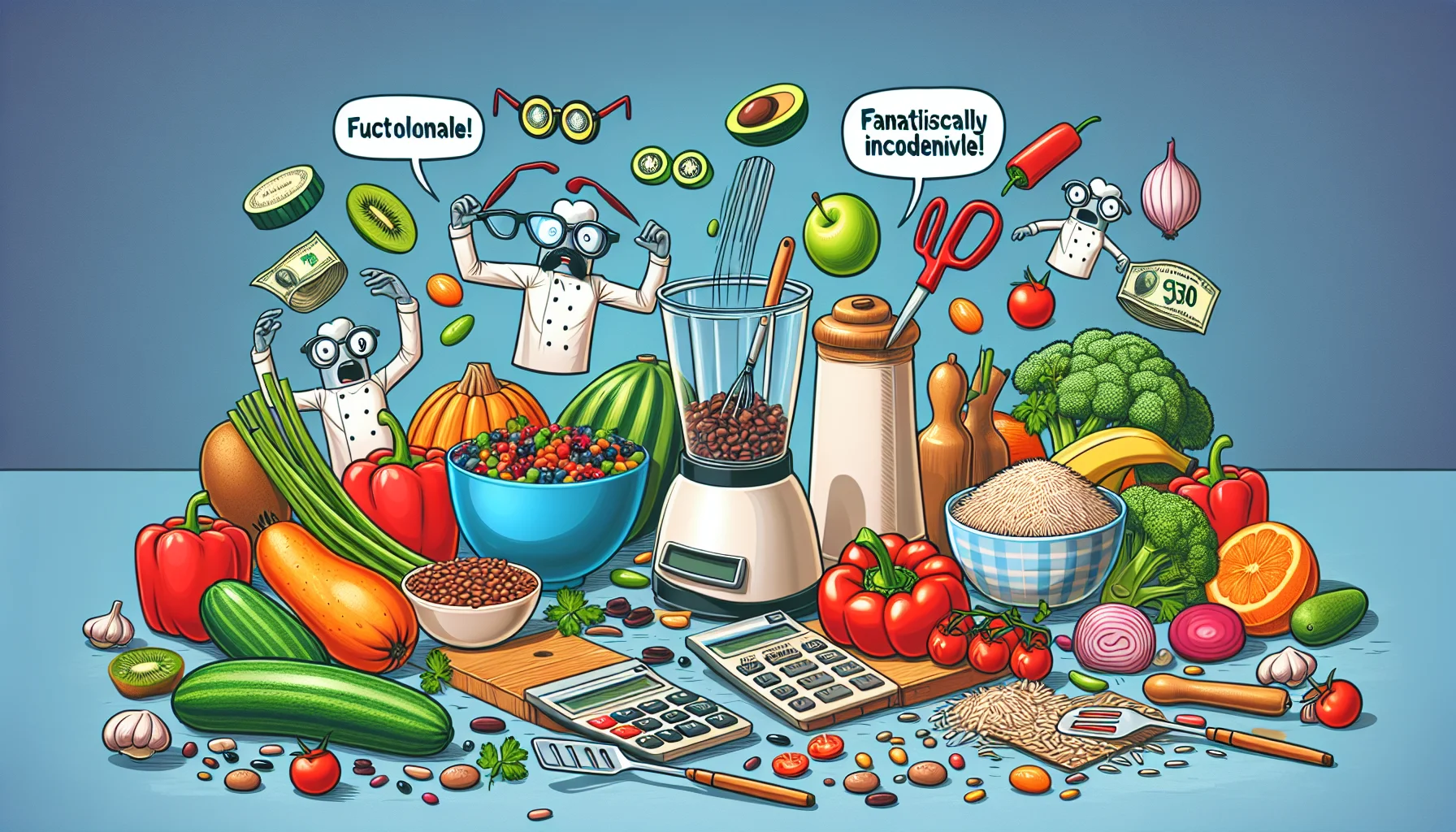 Create an amusing image showcasing a food preparation scenario for Food Allergy Awareness Week. The image should include an array of colorful allergen-free ingredients like fresh vegetables, fruits, beans, rice, and lean proteins, arranged in a manner that suggests they are fantastically inexpensive. There could also be a cartoon overlay of various kitchen utensils engaged in lively, humorous activities such as the blender trying to put on a pair of glasses, or a spatula using a calculator. This setting should motivate people to embrace healthy and economic food choices while embracing allergy-safe dietary habits.