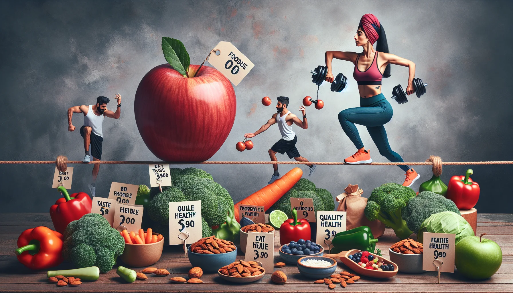 Create a humorous and realistic image showcasing 'Foodie Fitness'. The scene should depict the interesting balancing act between taste and health. Imagine a creative scenario where a South Asian woman in sports attire is trying to balance a huge apple and a dumbbell on a tightrope, representing the delicate balance of eating healthy. Surrounding her, we see quality healthy foods like broccoli, carrots, and almonds, each tagged with significantly low price tags, suggesting the concept of affordable healthy eating. Let the image motivate people to eat healthy for less money.