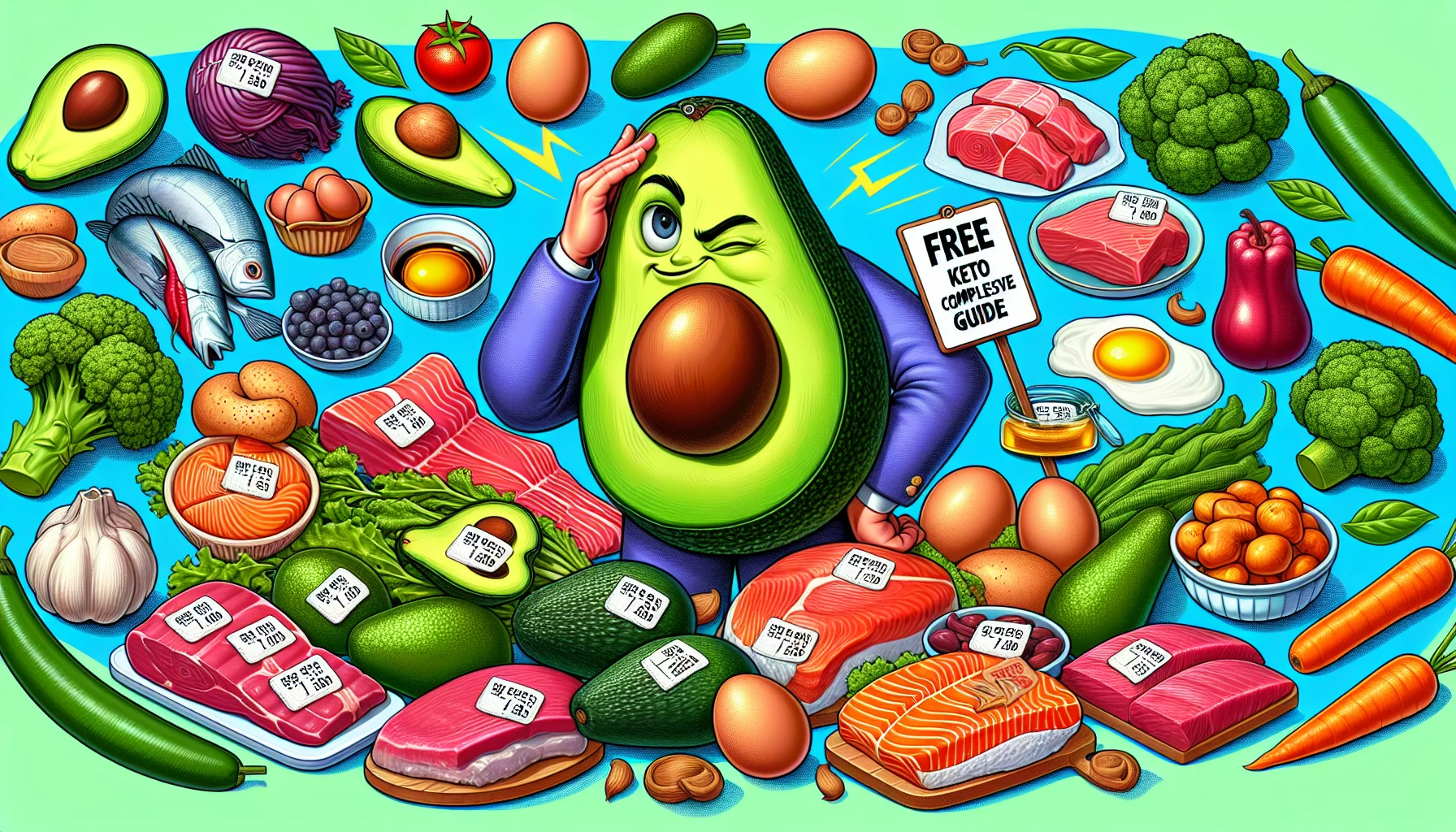 Generate a humorous and captivating image depicting the scenario of a Free Keto Diet Comprehensive Guide. Illustrate a vibrant, attractively arranged assortment of ketosis-favoring foods like avocados, eggs, fish, lean meats, and vegetables. Include visible price tags with surprisingly low prices on each item, underscoring the idea of eating healthy for less money. Incorporate subtle fun elements like a cheeky avocado winking to captivate audiences more effectively. Use bright, lively colors to make the scene more enticing and encourage viewers towards healthier dietary choices.