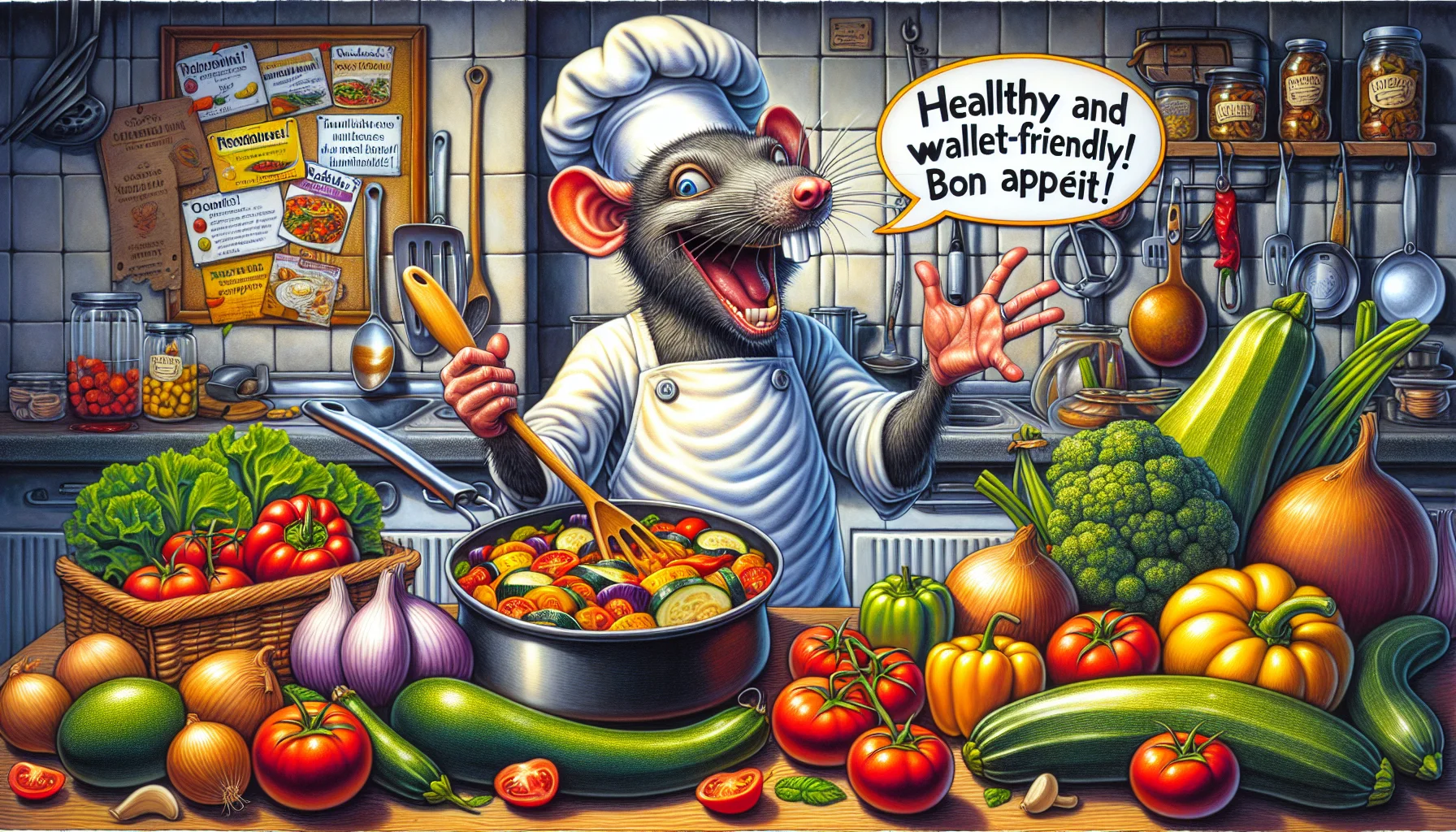 A creative interpretation of a humorous scene in a kitchen where a humanoid rat chef, wearing a white apron and a chef's hat, is jovially cooking a traditional French Ratatouille recipe. Key ingredients like tomatoes, bell peppers, zucchinis, eggplant, and onions are visible, as well as some inexpensive kitchen utensils. The chef's expression is one of delight and excitement, with a playful, inviting aura. A speech bubble from the chef exclaims, 'Healthy and wallet-friendly! Bon Appétit!'. This image should be detailed, vibrant, and engaging, nudging people to opt for healthier, budget-friendly meal options.