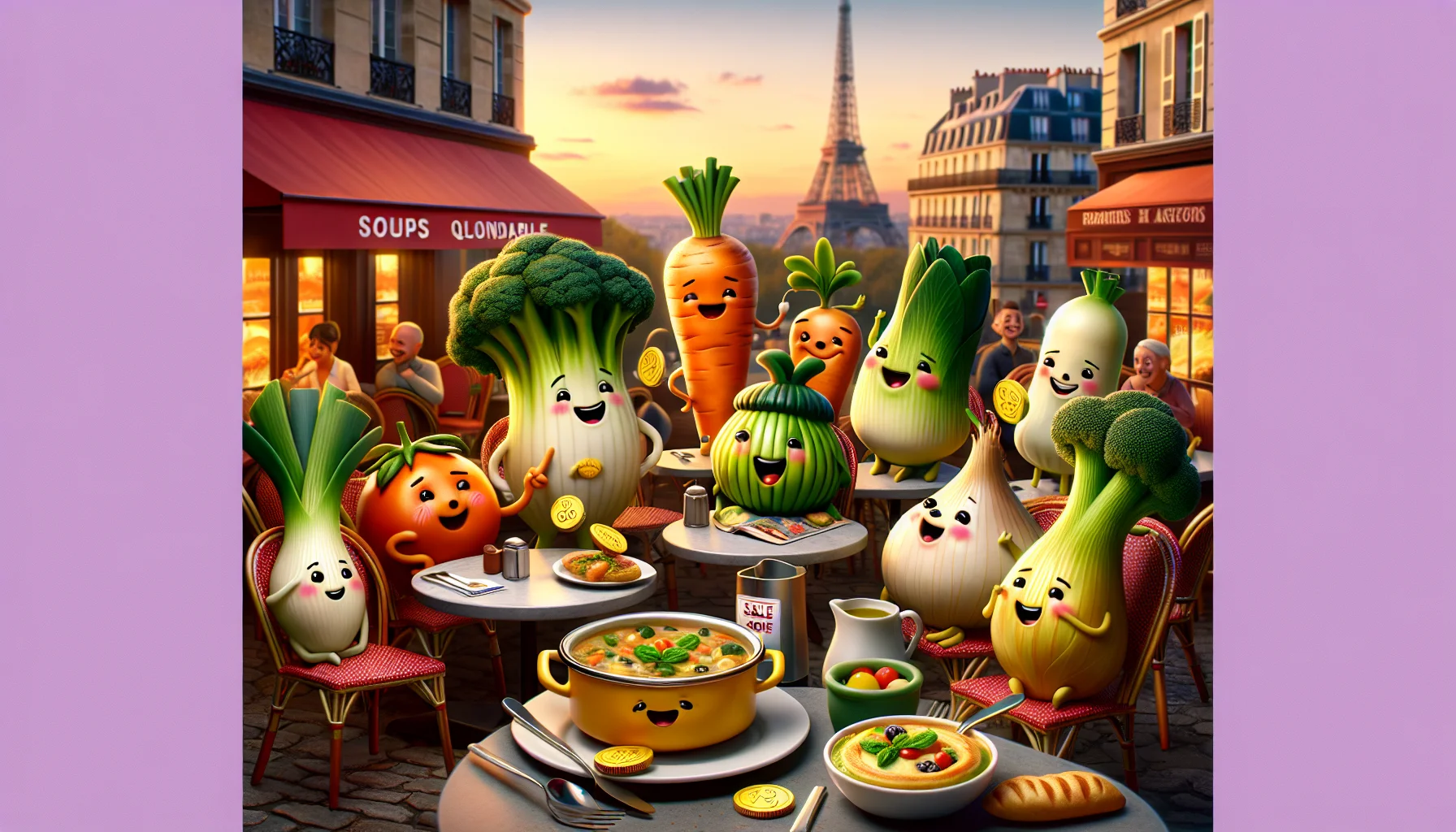 An amusing and realistic portrayal of a variety of French vegetable dishes, showcased humorously to encourage people to eat healthily on a budget. Picture a bunch of animated vegetables with cute, friendly faces, gathered around a cafe scene in the heart of Paris. They're engaged in conversation, each exhibiting a different personality reflective of their unique flavors. There's Ratatouille flipping a coin, indicating it's affordable, a blushing soup pot holding a 'Sale' sign, and a Leek Quiche with a budget planner. In the background, the Eiffel tower and a Parisian sunset add to the warm, delightful atmosphere.