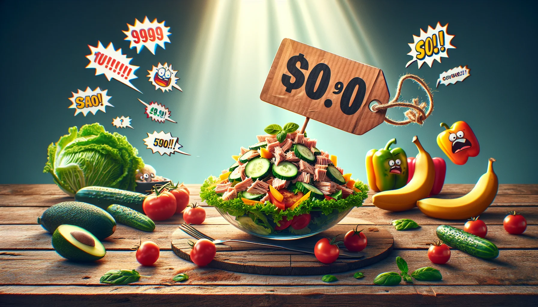 Imagine a creative and humorous scenario that promotes the affordability of healthy eating. In the spotlight is a fresh tuna salad, piled high with crisp lettuce, juicy tomatoes, and a splash of delicious dressing, placed on a rustic wooden table. Nearby, a comically large price tag marked with an unbelievably low number is waving in the breeze. Surrounding this scene are cartoon-style speech bubbles with fruits and vegetables expressing their excitement at the low-cost luxury of healthful dining, adding a touch of levity to the image. The tone should be vibrant and playful, successfully enticing people towards healthier food choices without compromising their budget.