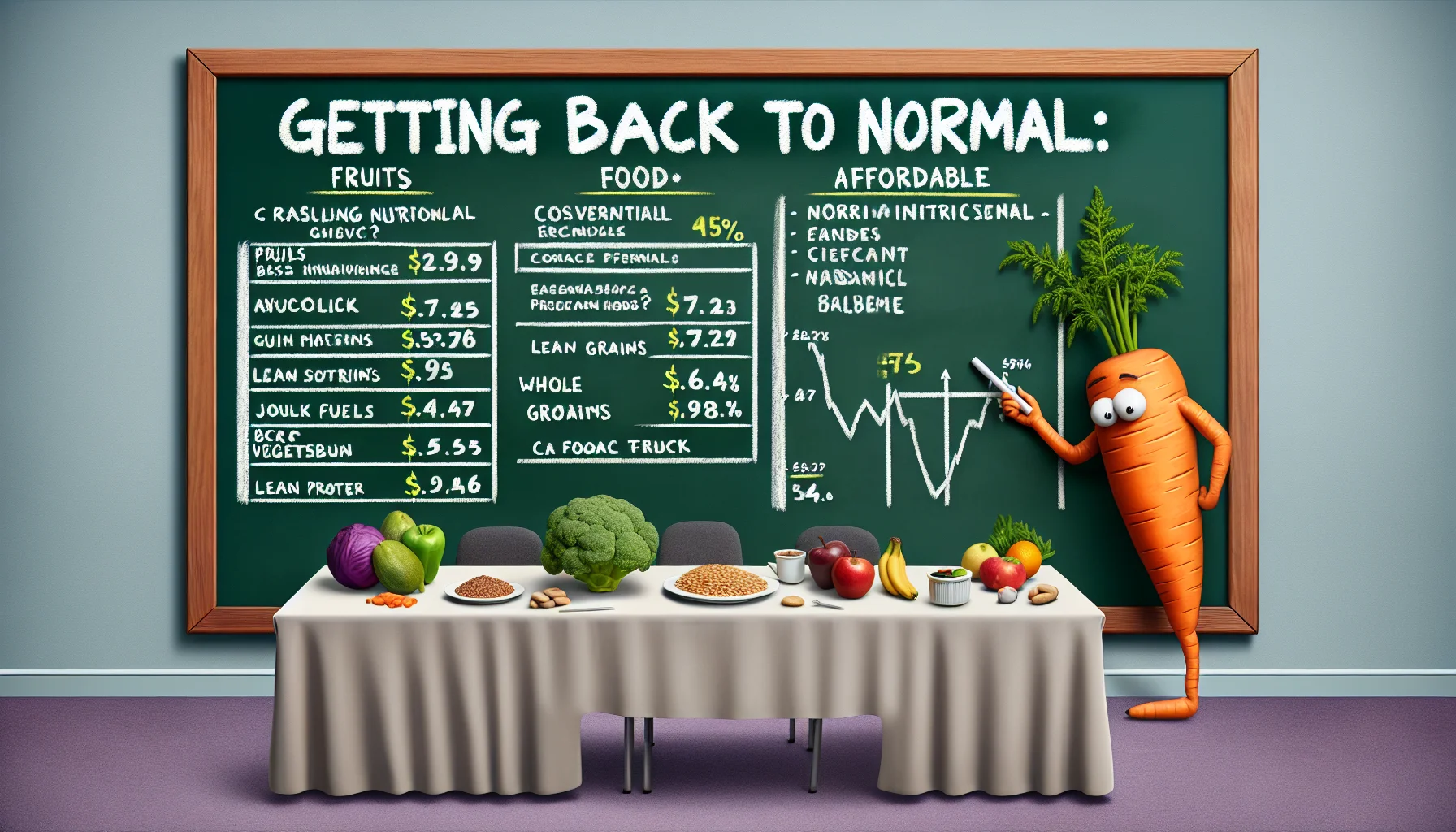 Present an amusing scenario highlighting the theme of 'Getting Back to Normal: Menu Planning'. Consider the image to have a large chalkboard detailing a meal plan with nutritional and affordable food items. Include some humorous elements, like a carrot behaving like a cost-efficient financial advisor or a group of fruits and vegetables enacting a price drop in the stock market. Enhance the appeal by adding an illustration of a balanced meal consisting of fruits, whole grains, lean proteins, and vegetables with price tags showcasing affordability.