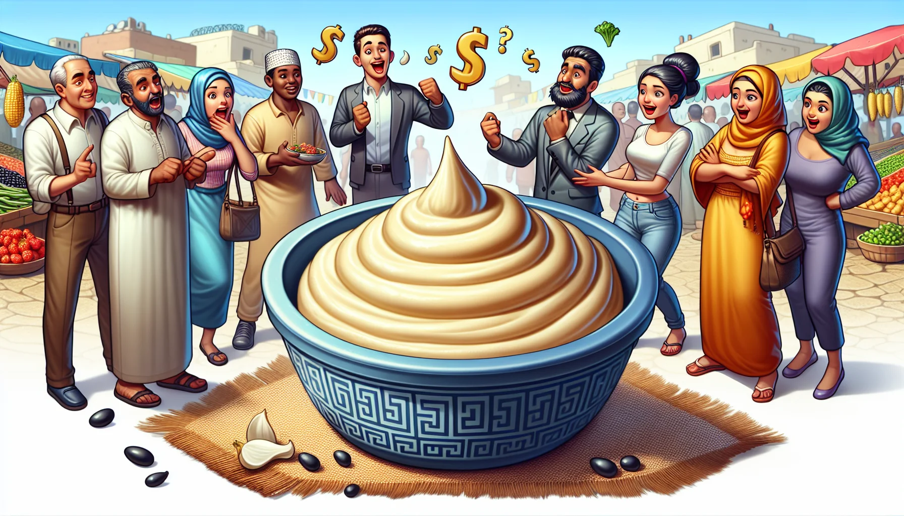 Create a fun and engaging image that depicts a scene at a bustling outdoor market. In the center of the image, place a large dollop of creamy Greek hummus, realistically illustrated with intricate detail to highlight its rich texture and tempting appearance. Surrounding the hummus, include illustrated cost-conscious individuals, ranging from Middle-Eastern male vendor to a South Asian female customer, all expressing surprise and delight at the low price of the hummus. Use bright colors and light-hearted imagery to depict the benefits of eating healthy on a budget.