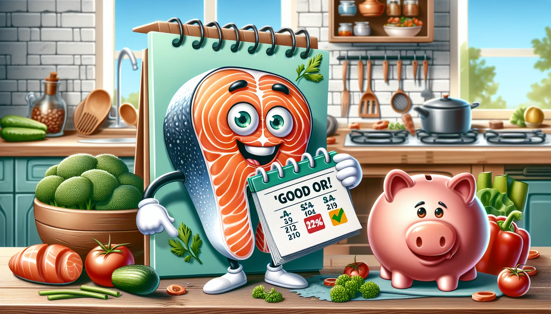 Imagine a hilarious scene where a piece of cooked salmon, cartoon-like and cheerful, is holding a calendar showing that it is 'good for' a specific timeframe. The salmon is standing beside a piggy bank, suggesting cost efficiency. In the background, there's a kitchen full of other fish and vegetables, promoting healthy eating habits. The theme should be realistic but filled with humor to entice people to eat healthily without spending too much.